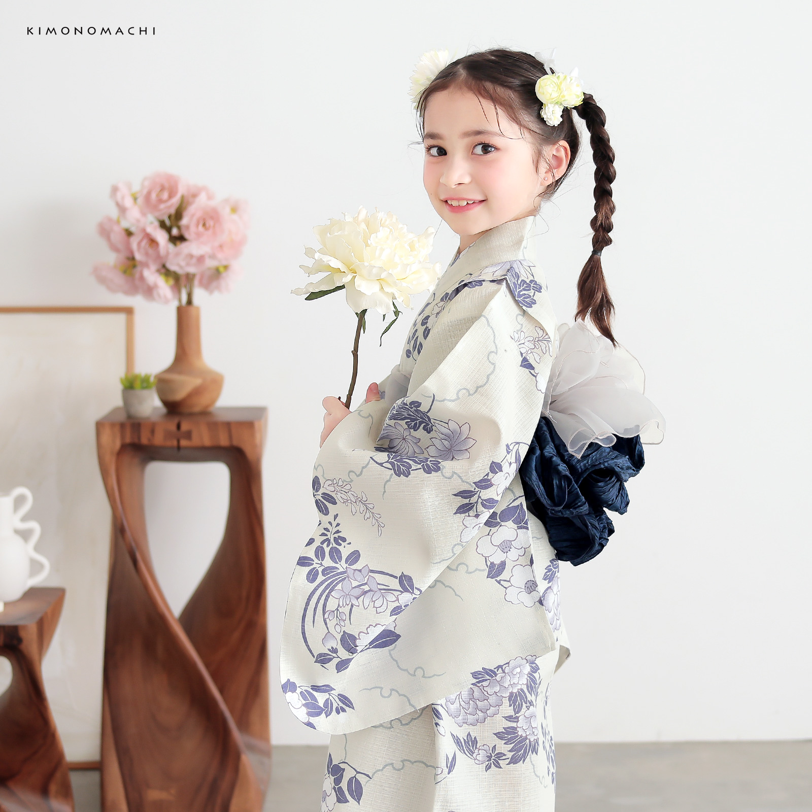綿女の子2way浴衣：雪輪に花の丸　パープル