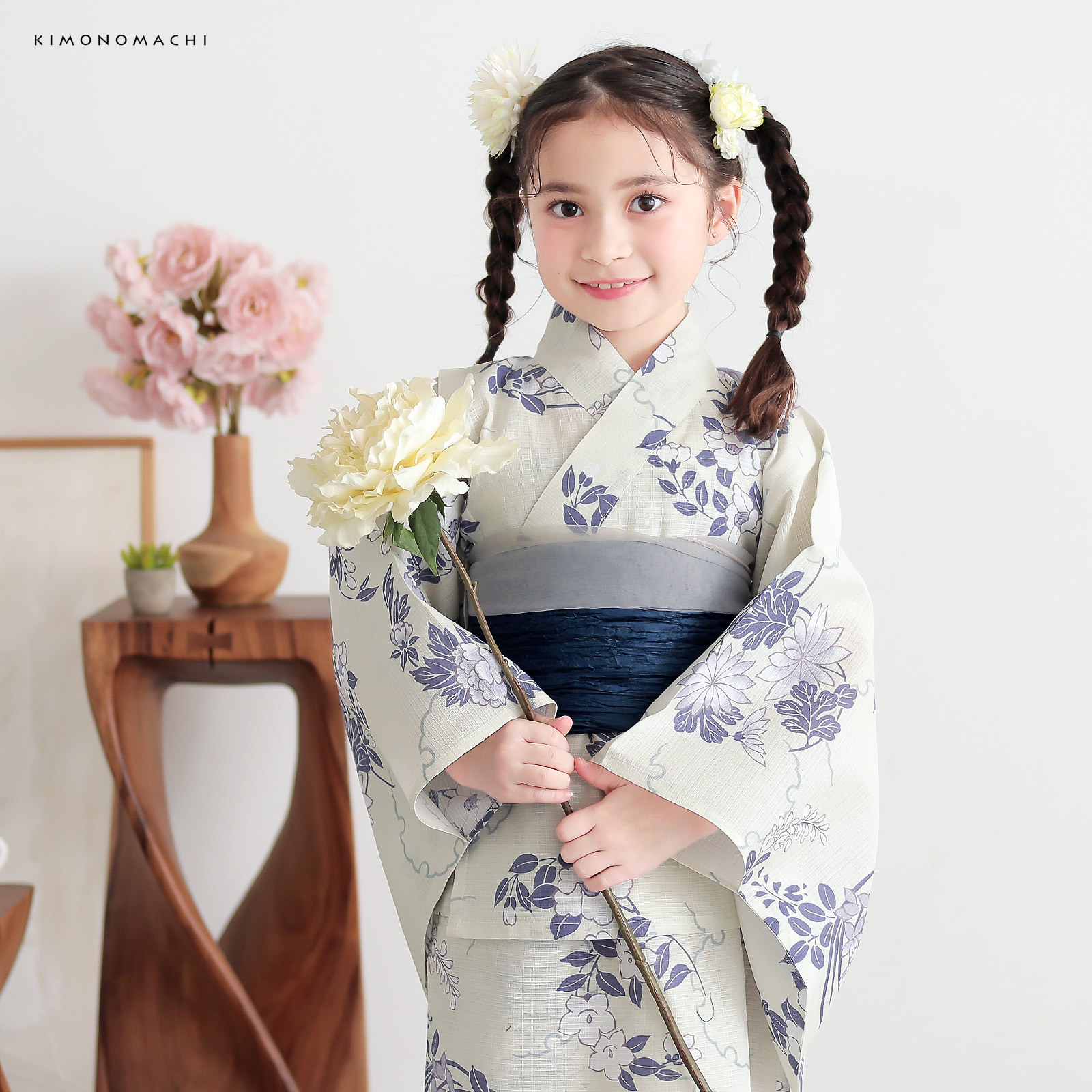 綿女の子2way浴衣：雪輪に花の丸　パープル