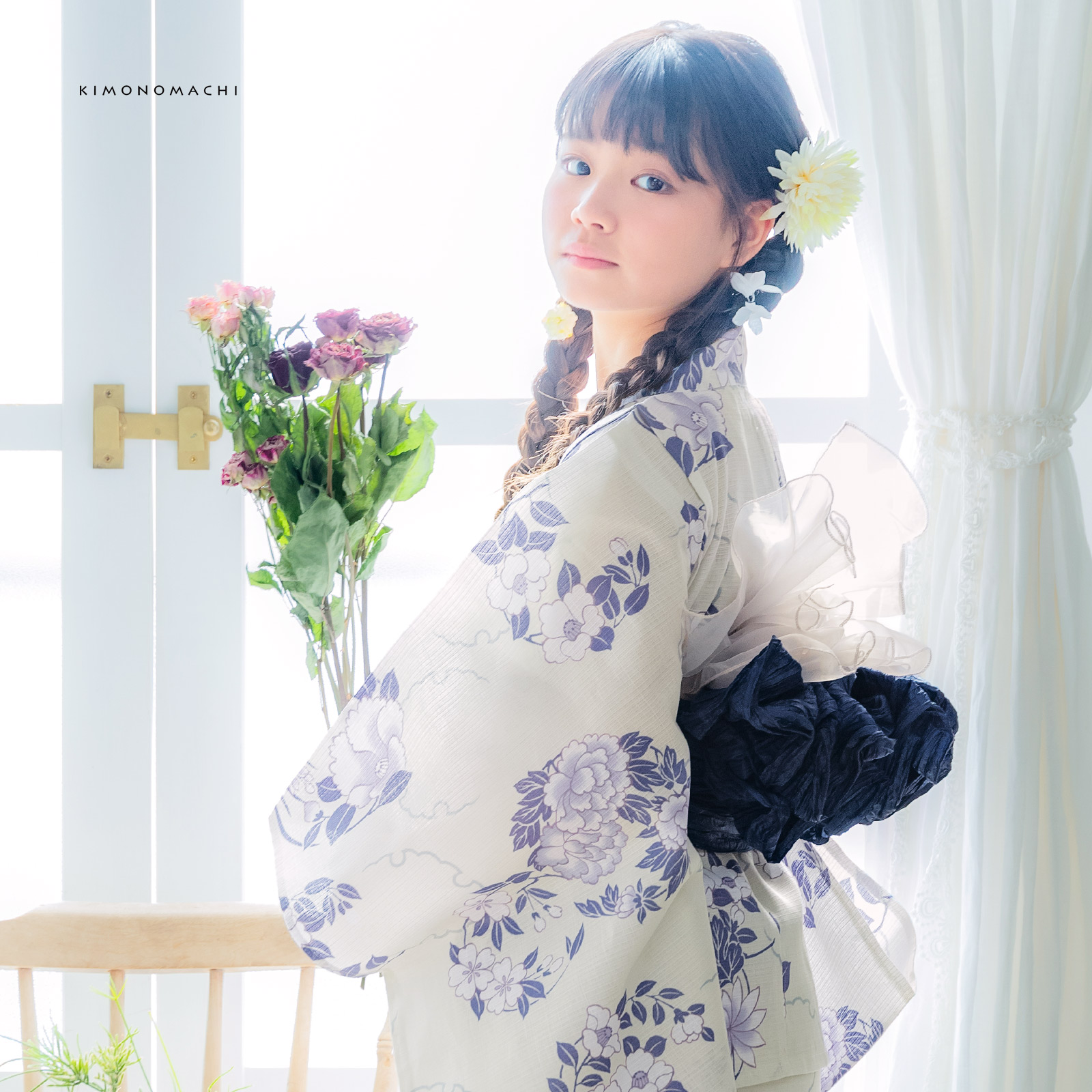 綿女の子2way浴衣：雪輪に花の丸　パープル