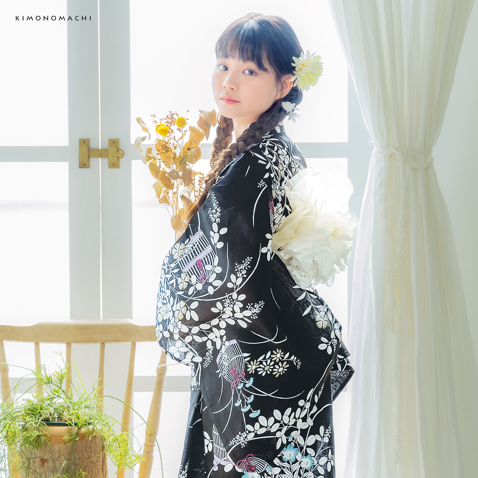 綿女の子2way浴衣：秋草に虫かご　ブラック