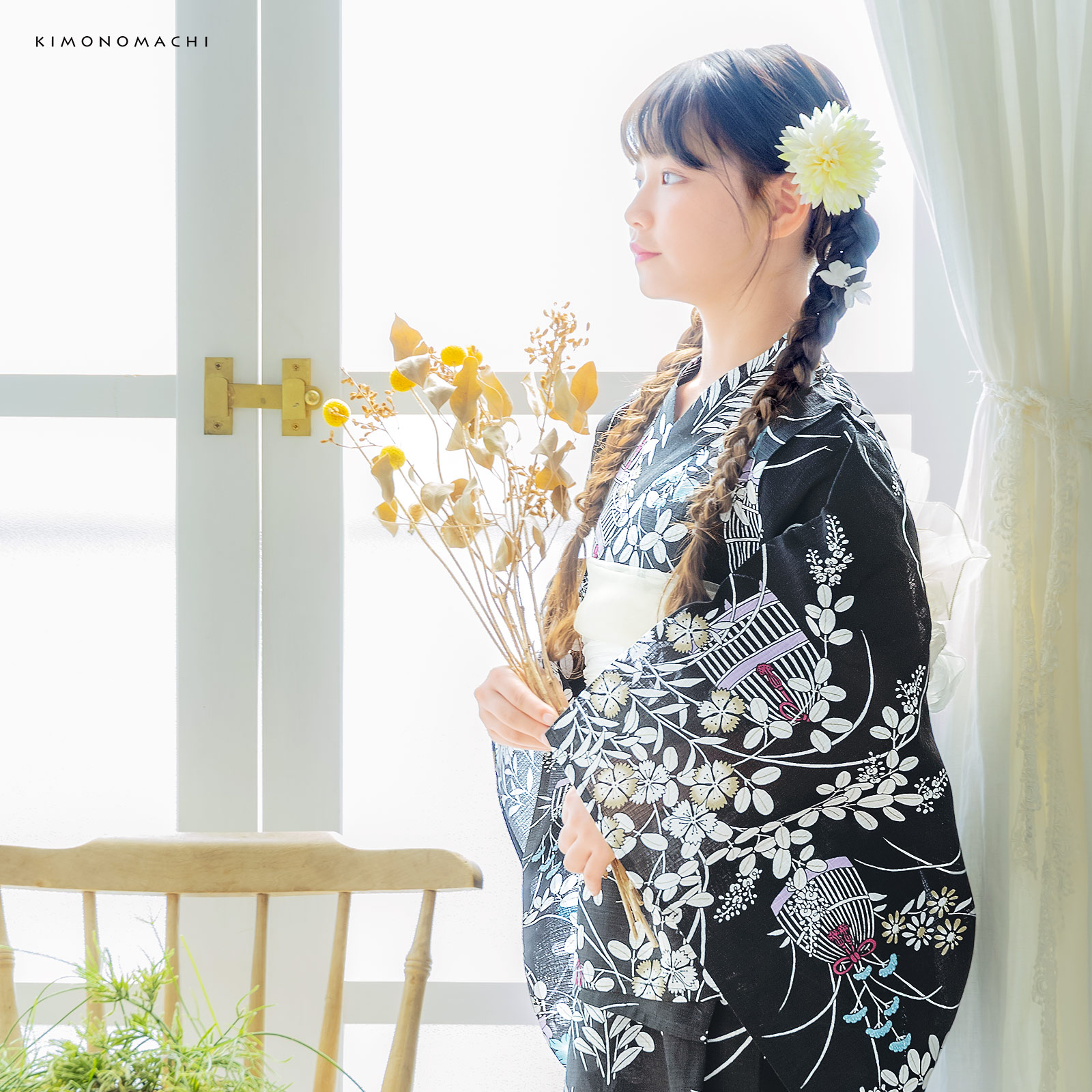 綿女の子2way浴衣：秋草に虫かご　ブラック