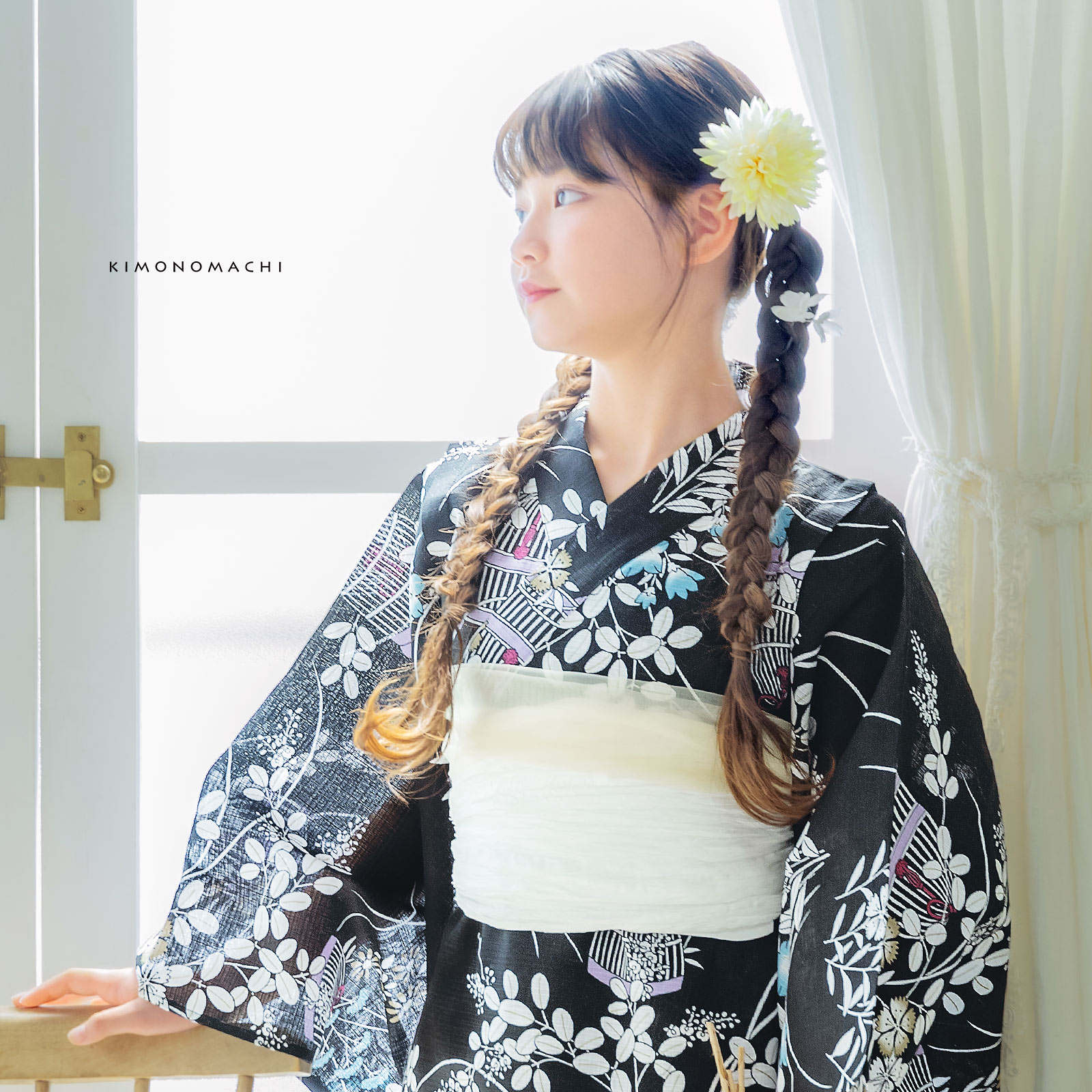 綿女の子2way浴衣：秋草に虫かご　ブラック