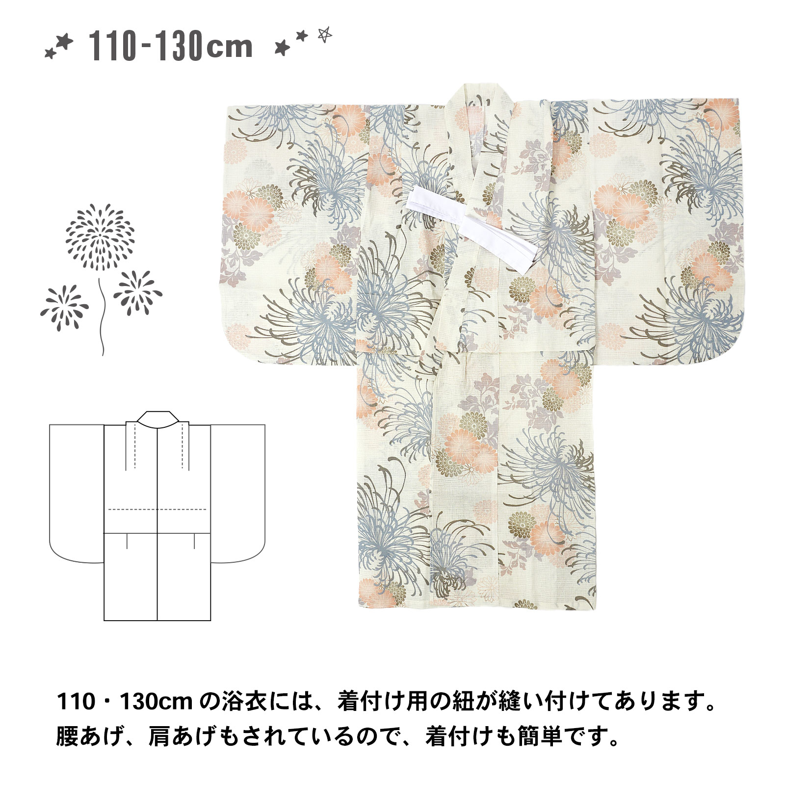 綿女の子浴衣：糸菊に菊花紋　コーラル