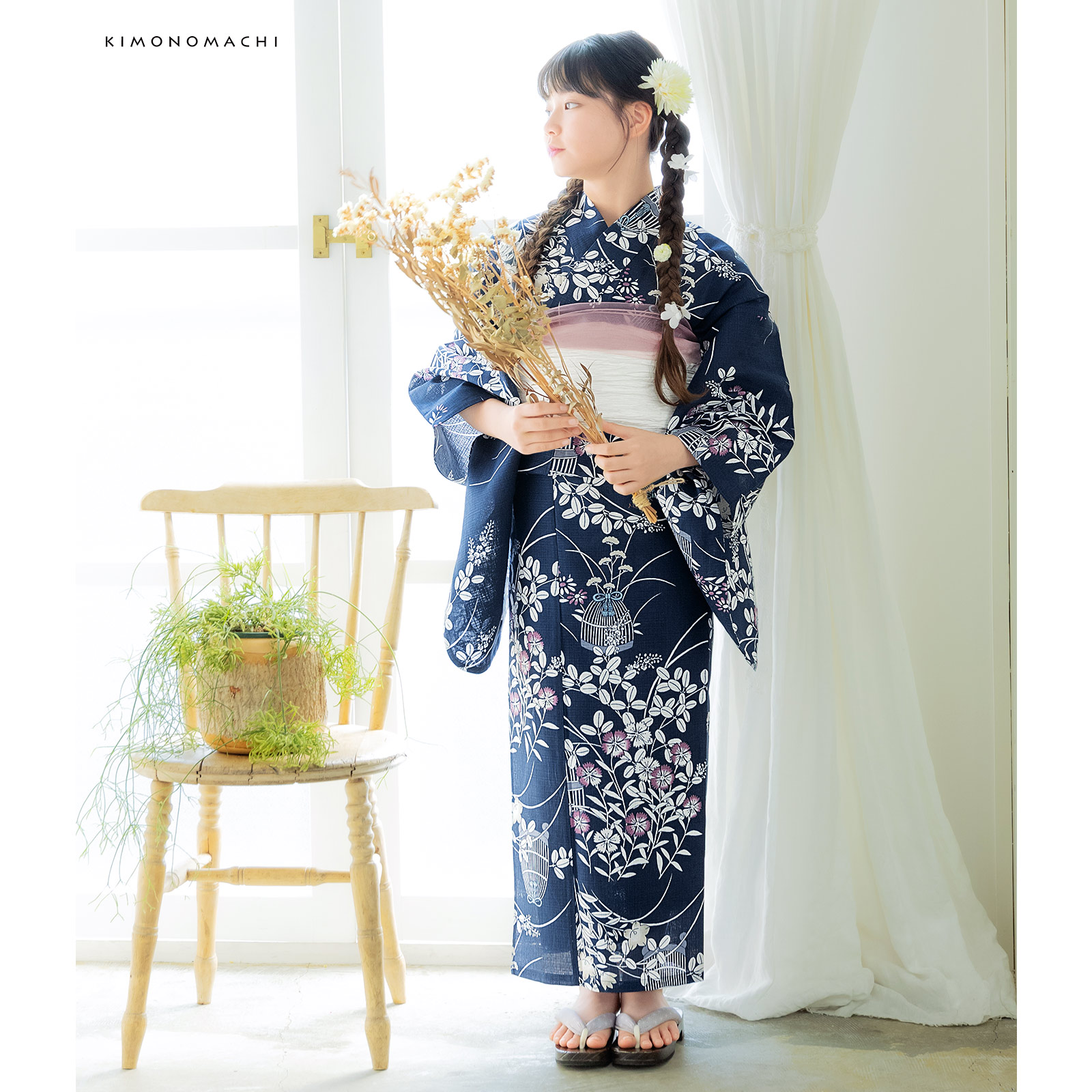 綿女の子浴衣：秋草に虫かご　ネイビー