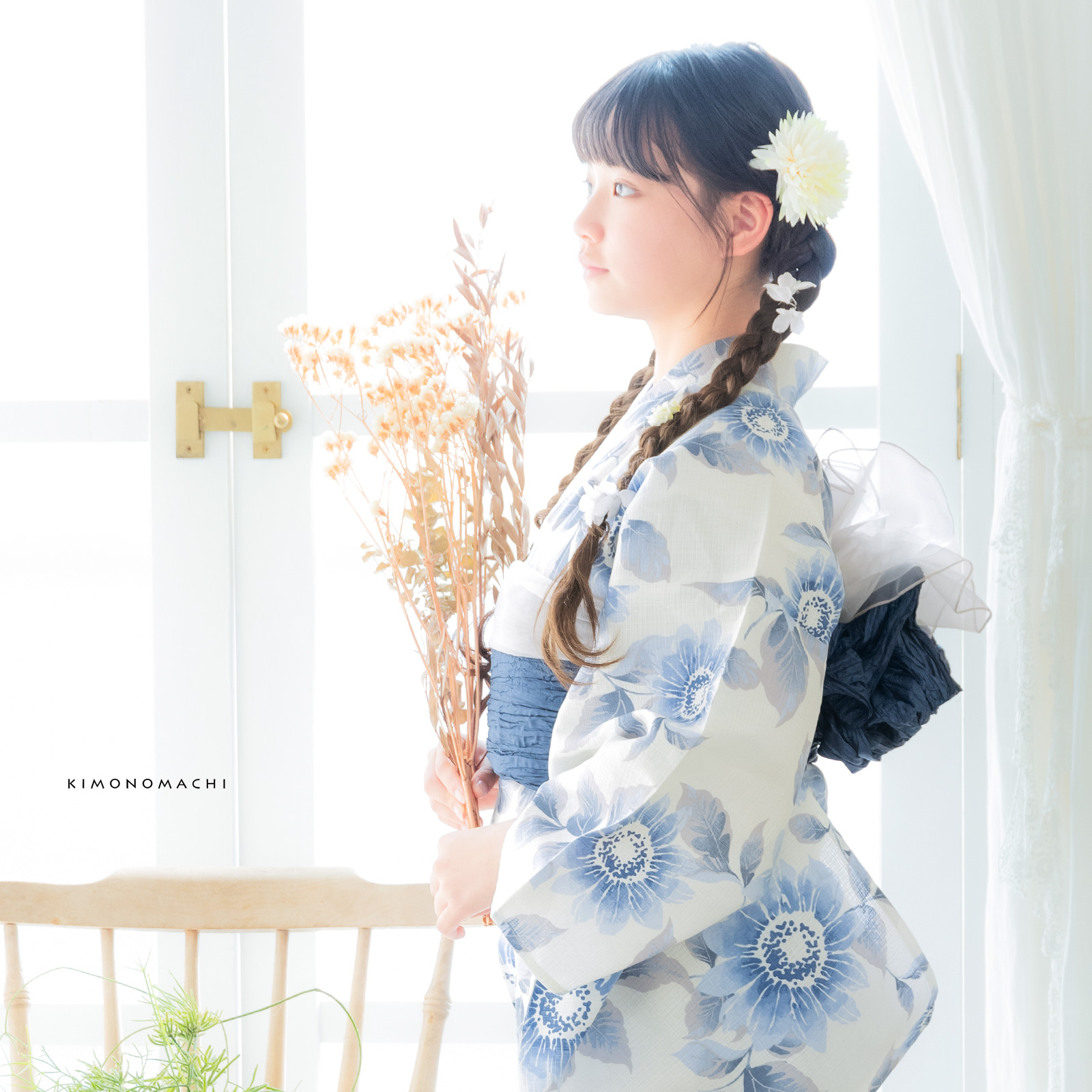 綿女の子浴衣：向日葵　ゼニスブルー