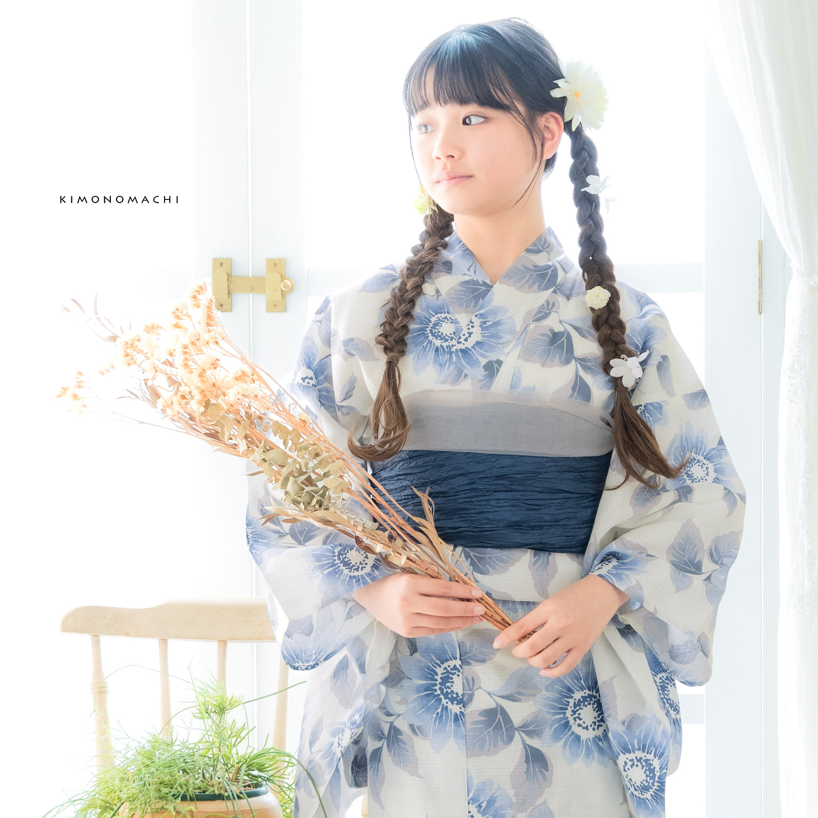 綿女の子浴衣：向日葵　ゼニスブルー
