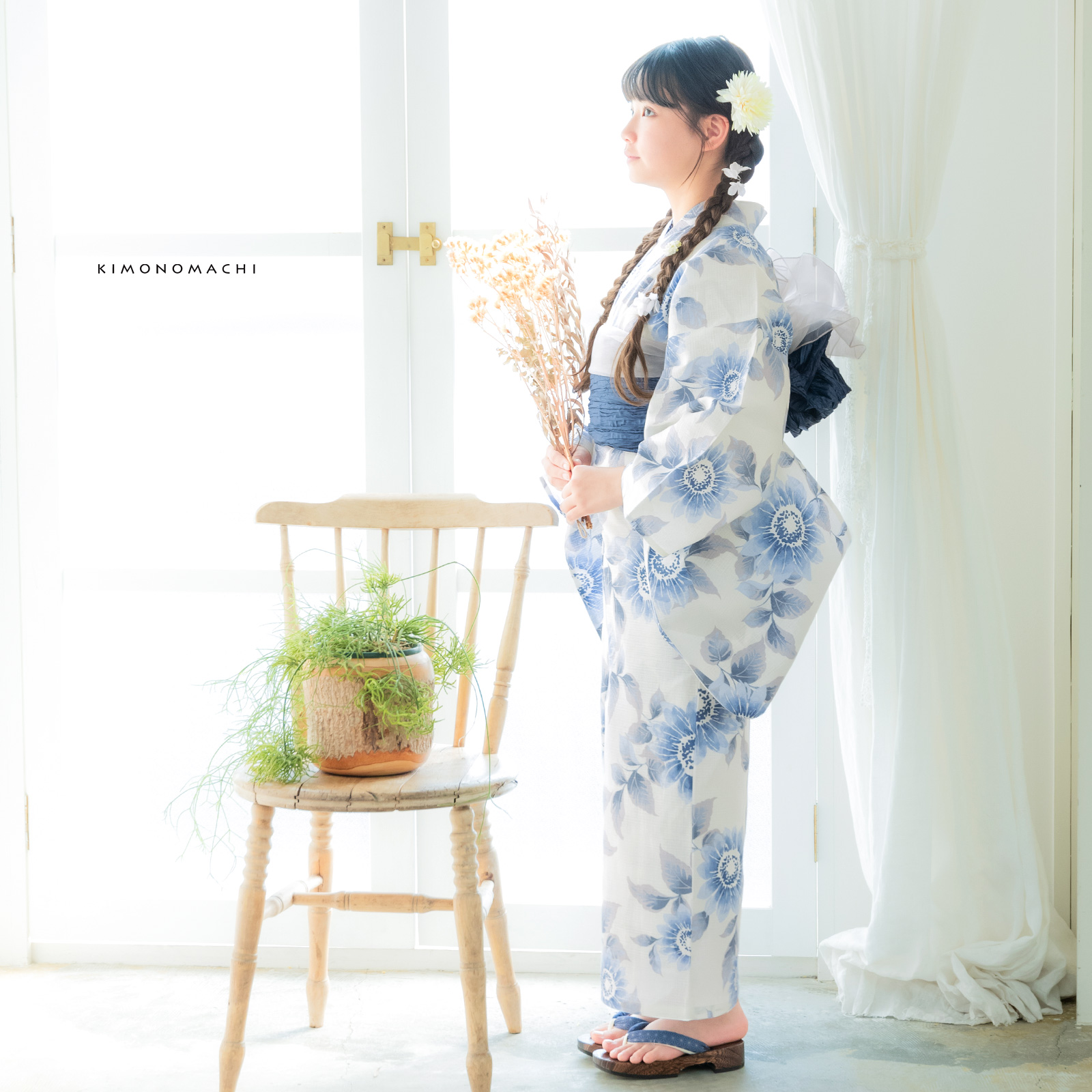 綿女の子浴衣：向日葵　ゼニスブルー