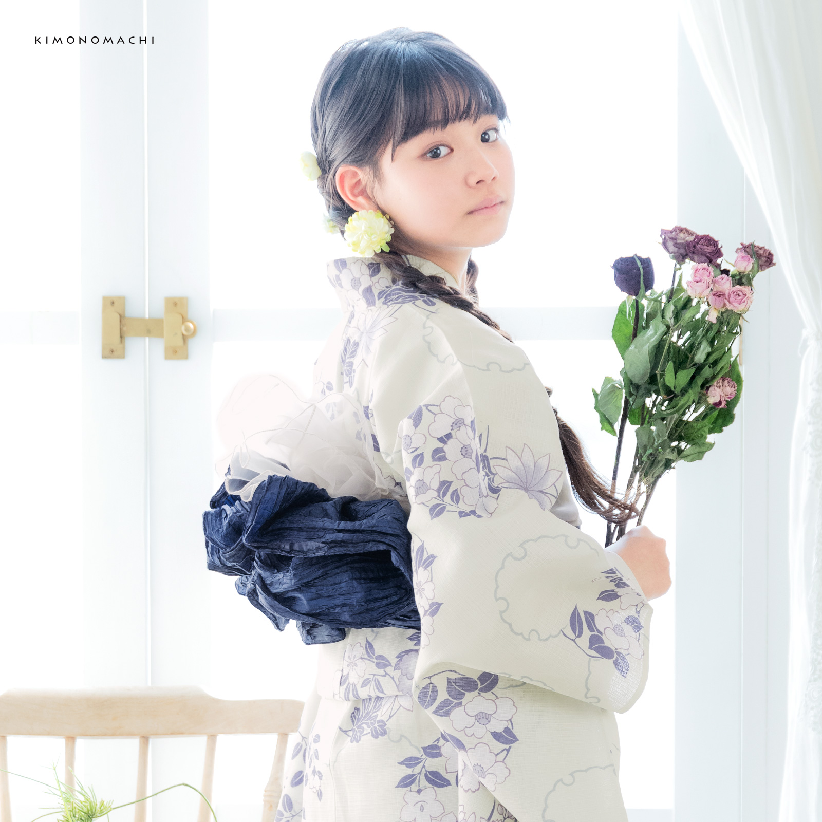 綿女の子浴衣：雪輪に花の丸　パープル