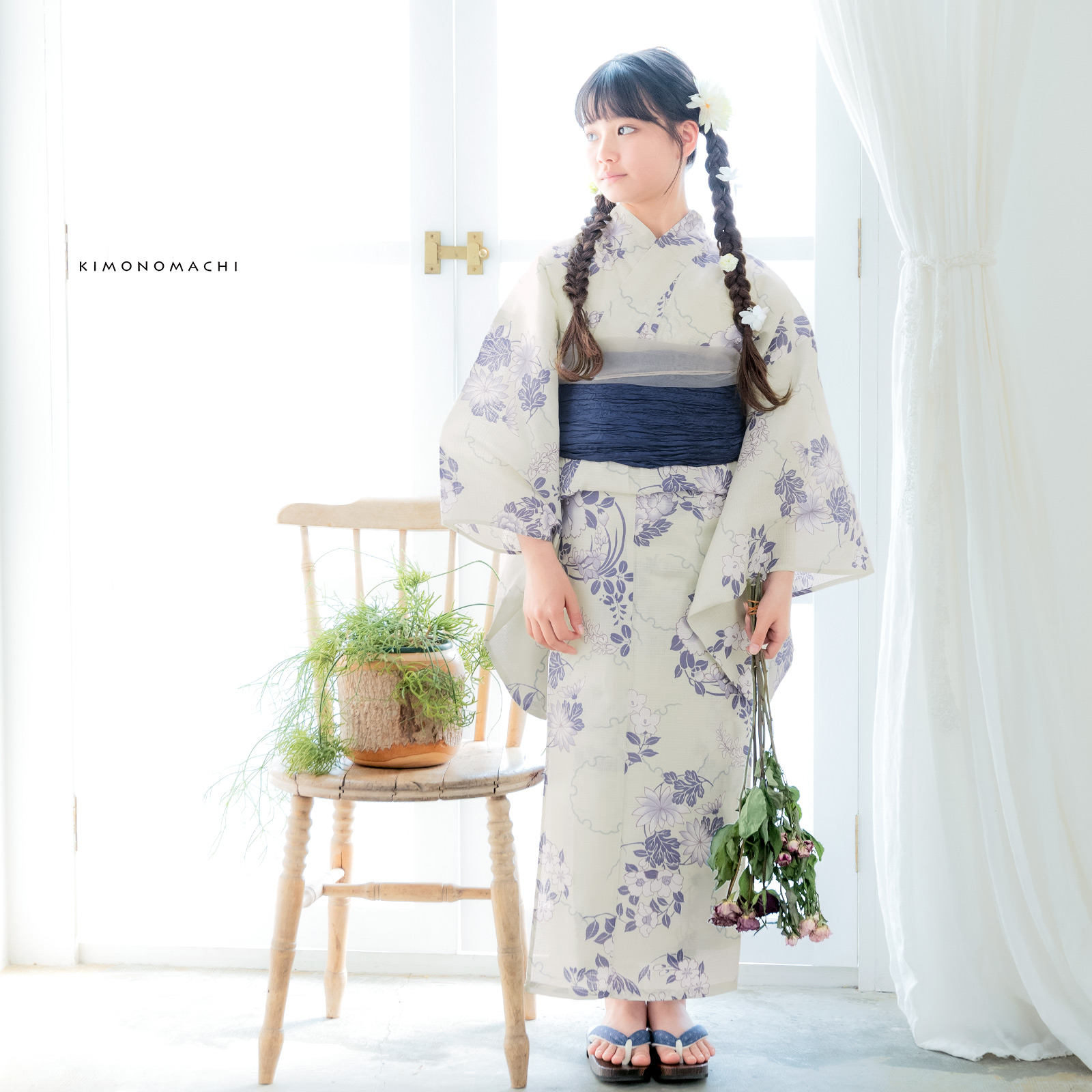 綿女の子浴衣：雪輪に花の丸　パープル