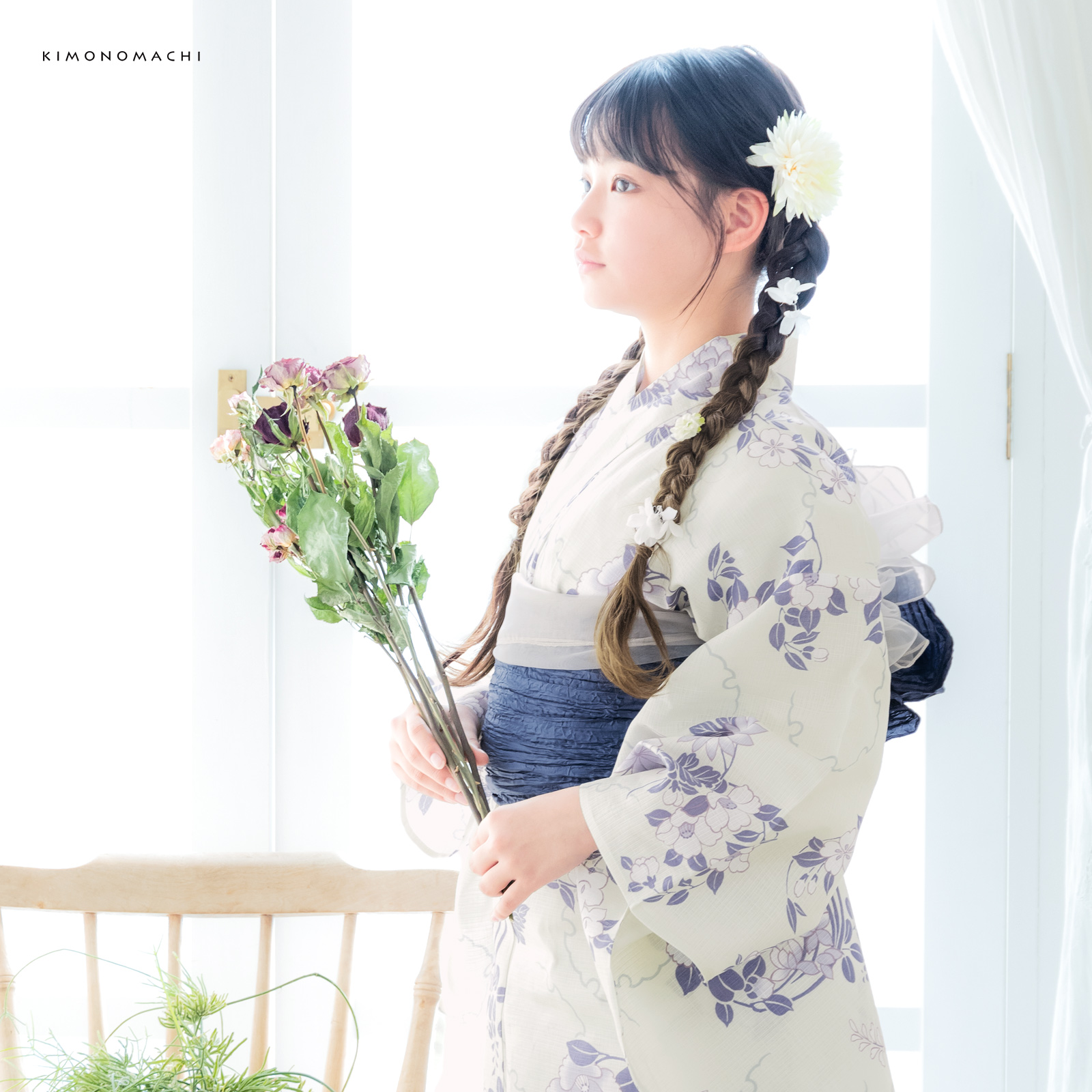 綿女の子浴衣：雪輪に花の丸　パープル