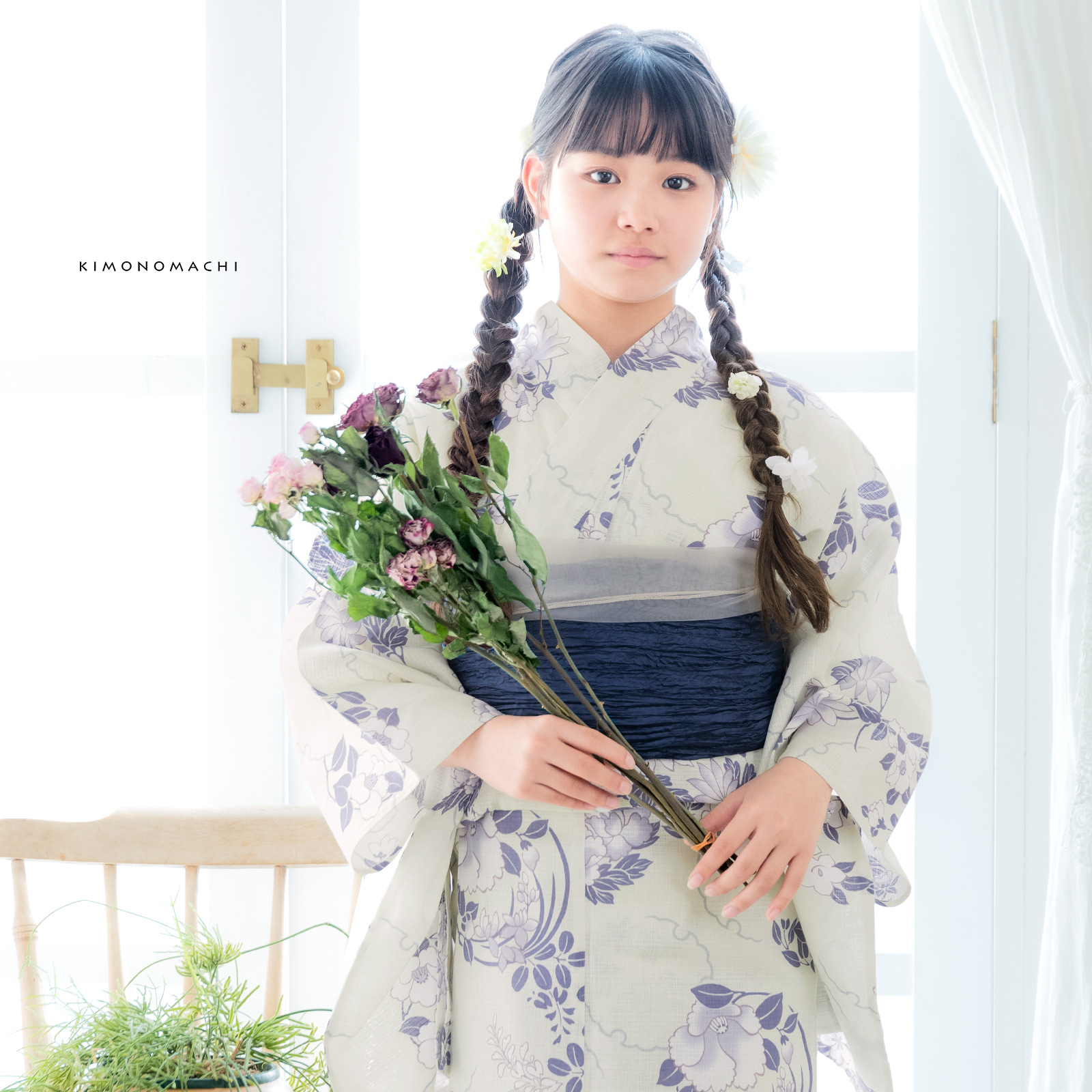 綿女の子浴衣：雪輪に花の丸　パープル