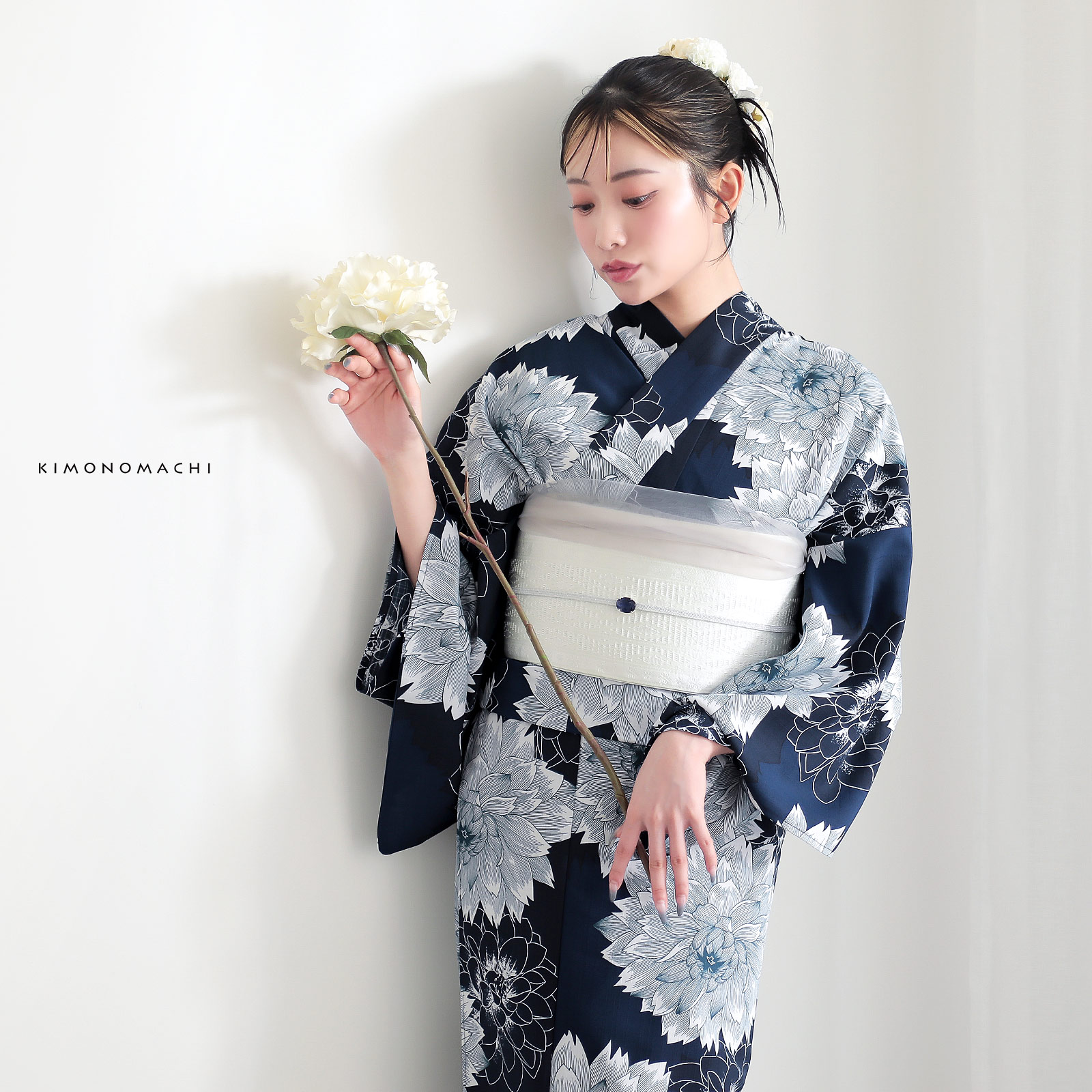 ポリエステル女性浴衣：ダリア　ネイビー