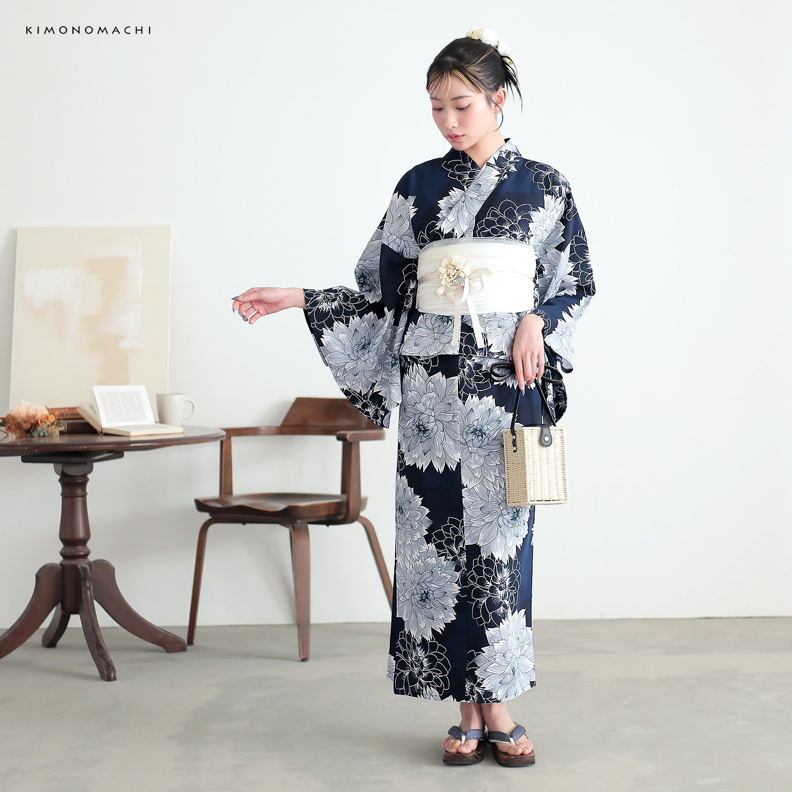 ポリエステルカシュクールワンピース浴衣：ダリア　ネイビー