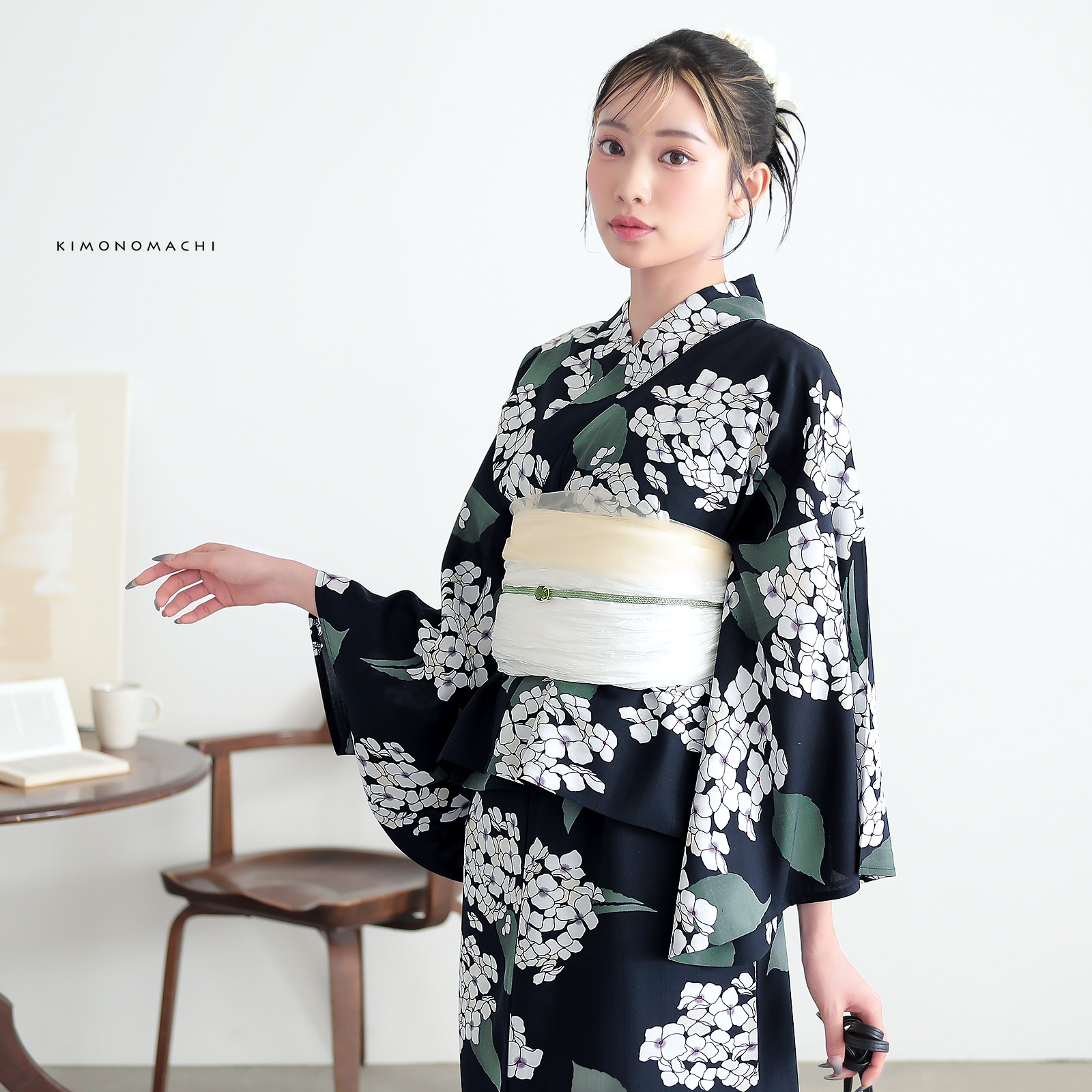 ポリエステルカシュクールワンピース浴衣：アジサイ　ディープネイビー