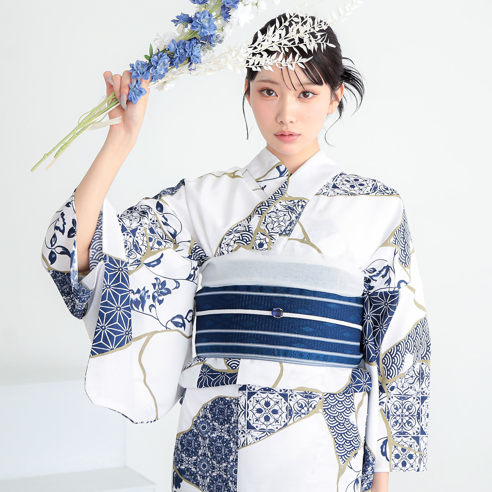 ポリレディース浴衣：03金継ぎ　藍色