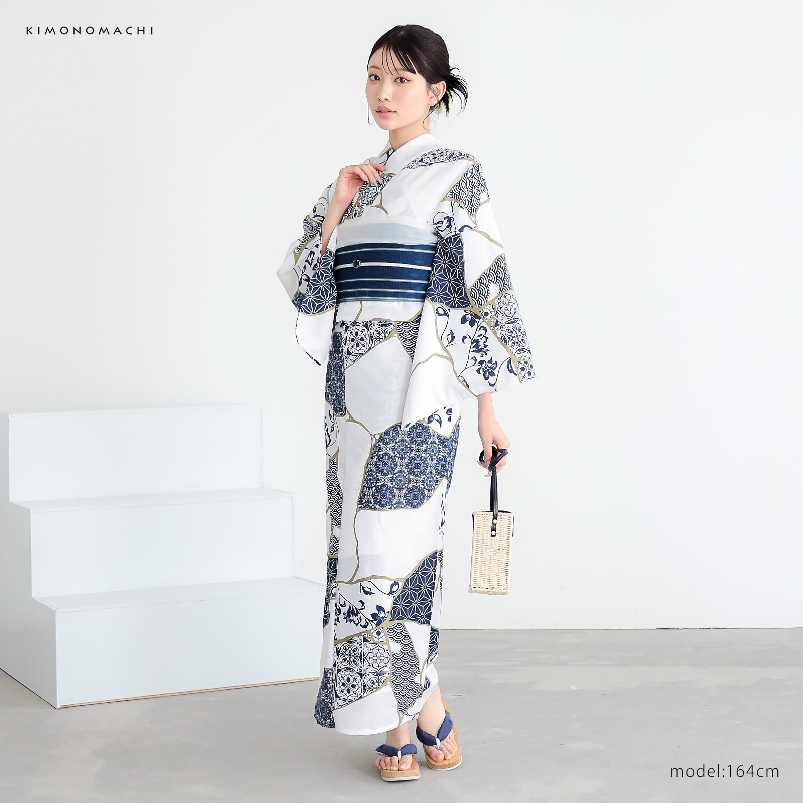 ポリレディース浴衣：03金継ぎ　藍色