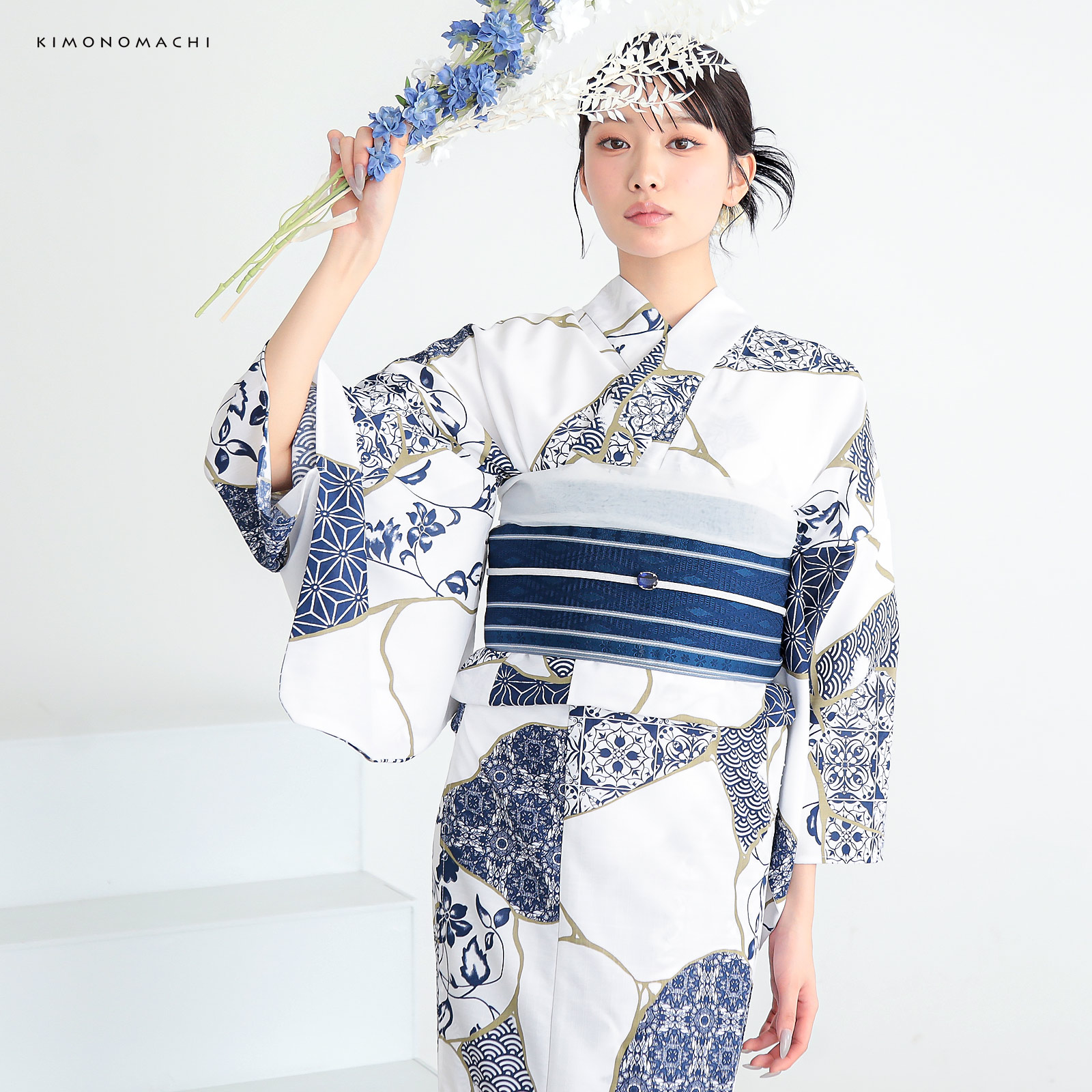 ポリレディース浴衣：03金継ぎ　藍色