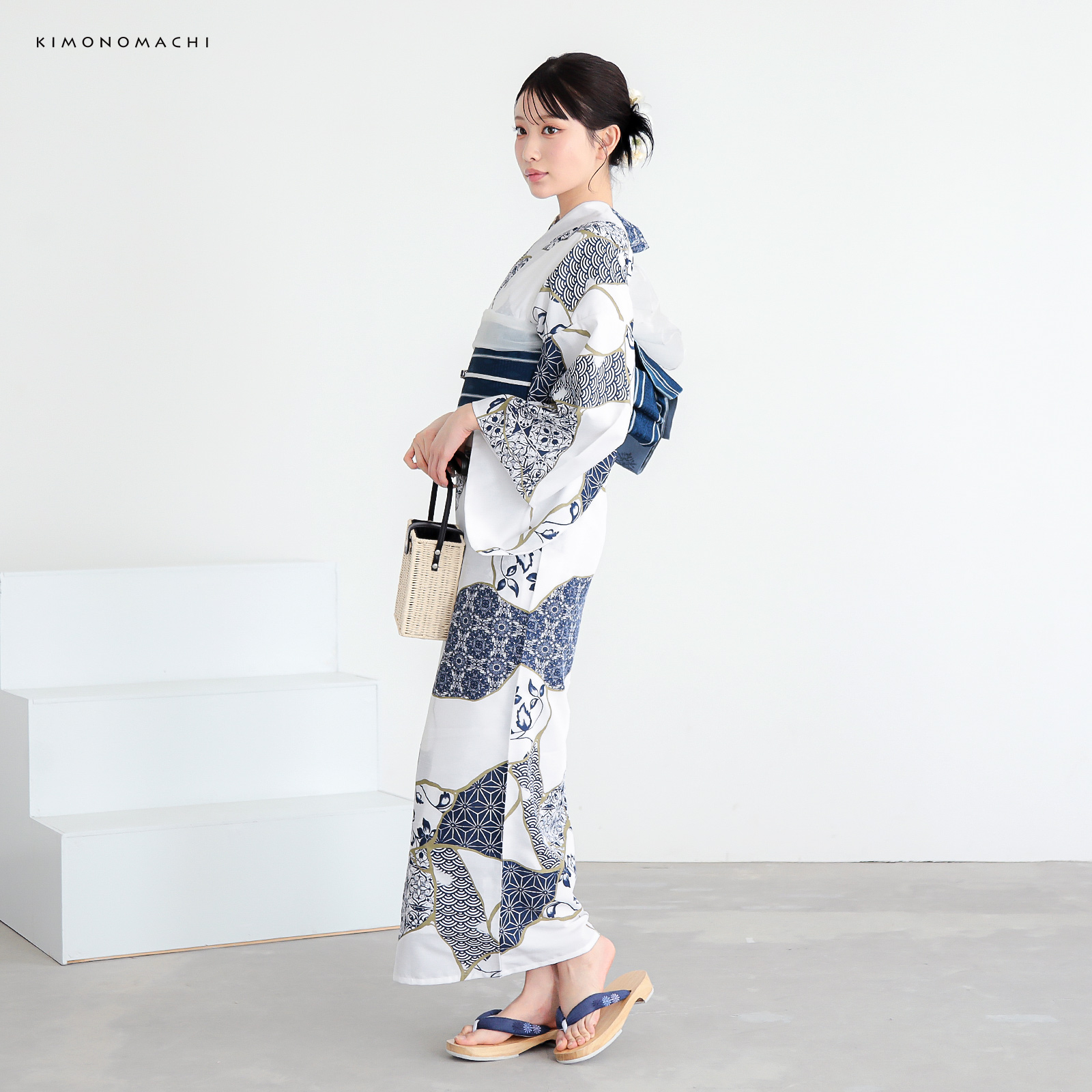 ポリレディース浴衣：03金継ぎ　藍色