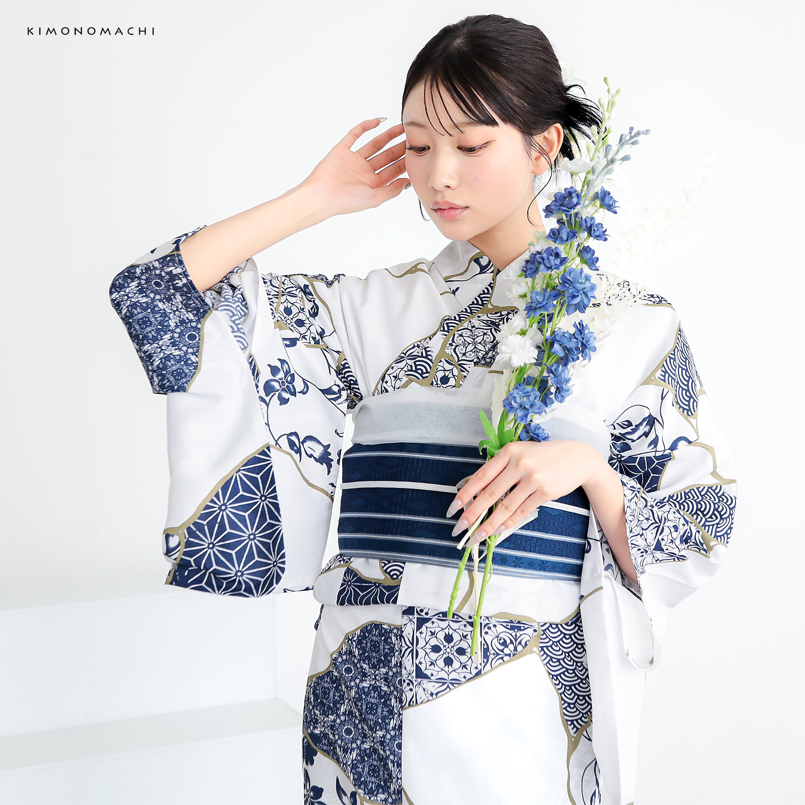 ポリレディース浴衣：03金継ぎ　藍色