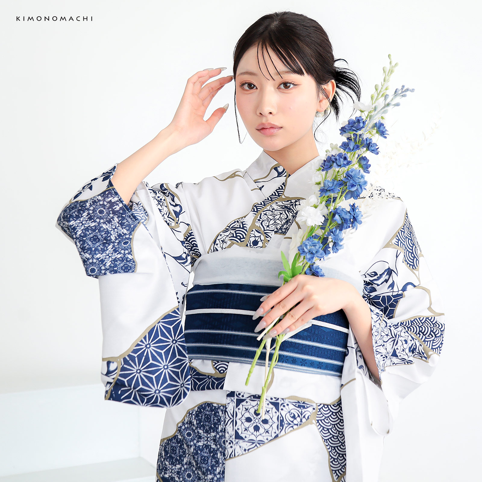 ポリレディース浴衣：03金継ぎ　藍色