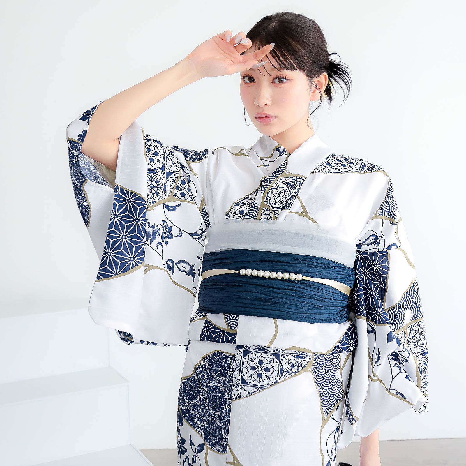 ポリレディース浴衣：03金継ぎ　藍色