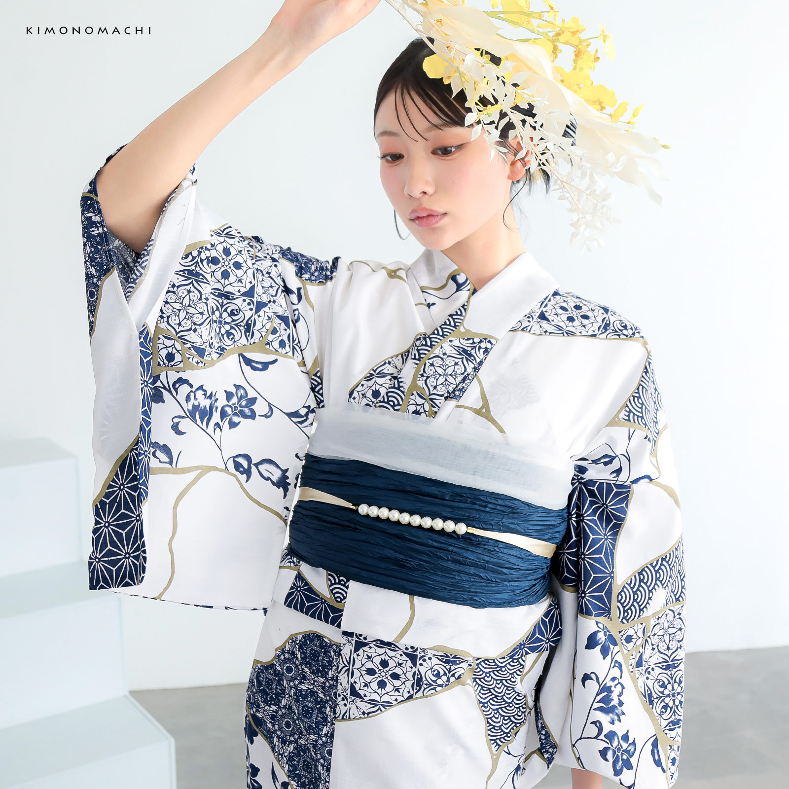 ポリレディース浴衣：03金継ぎ　藍色
