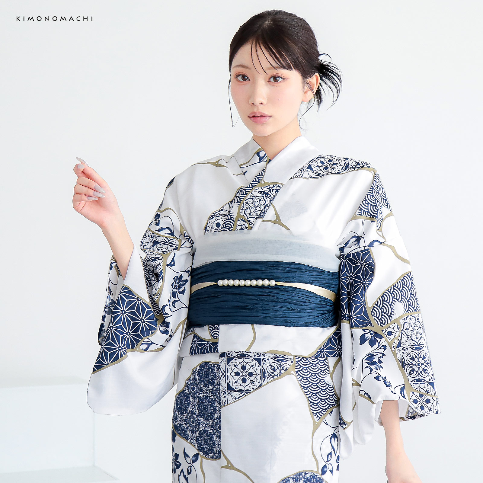 ポリレディース浴衣：03金継ぎ　藍色
