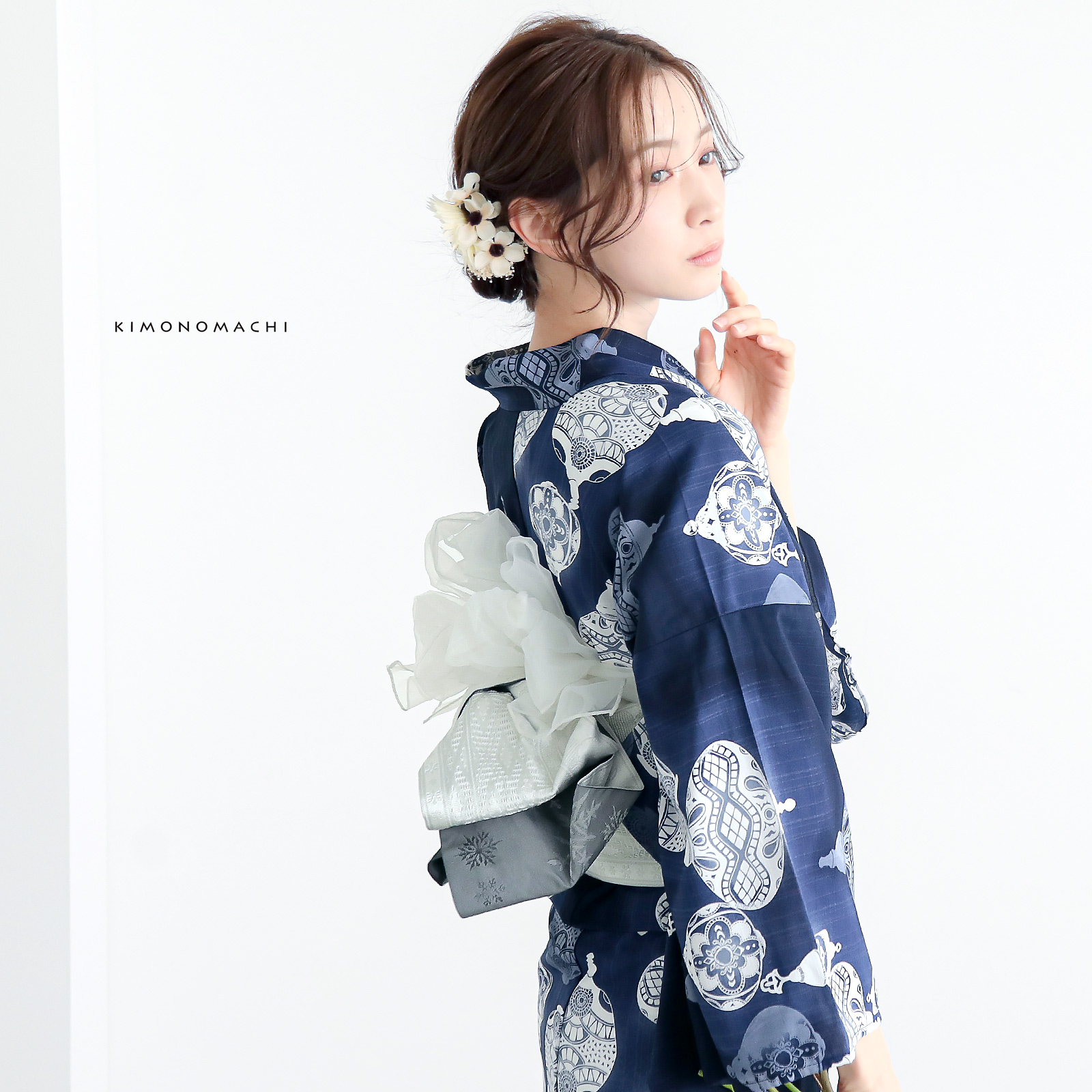 ポリレディース浴衣：05ランタン　紺青