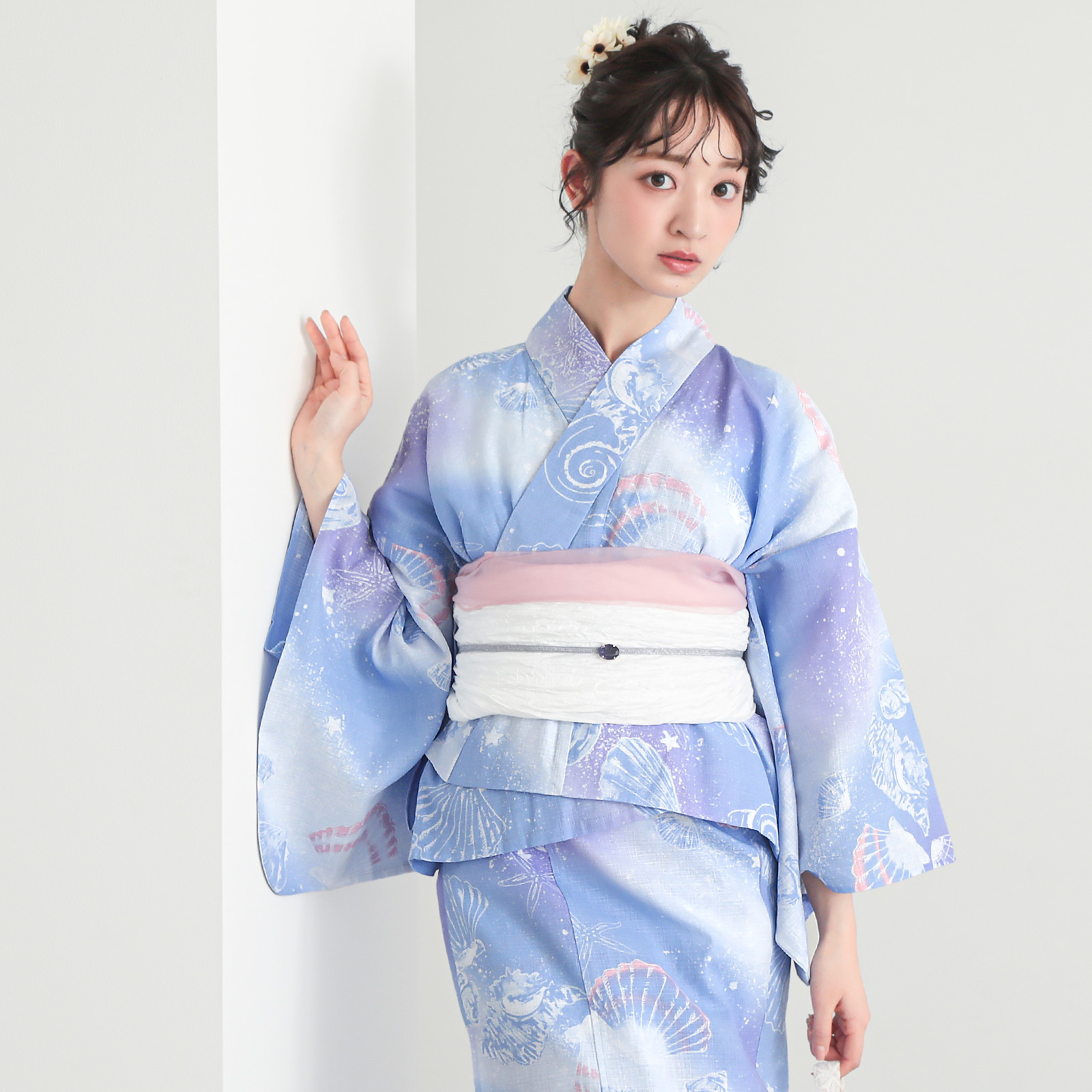 綿レディース二部式浴衣：01貝殻　デイドリーム