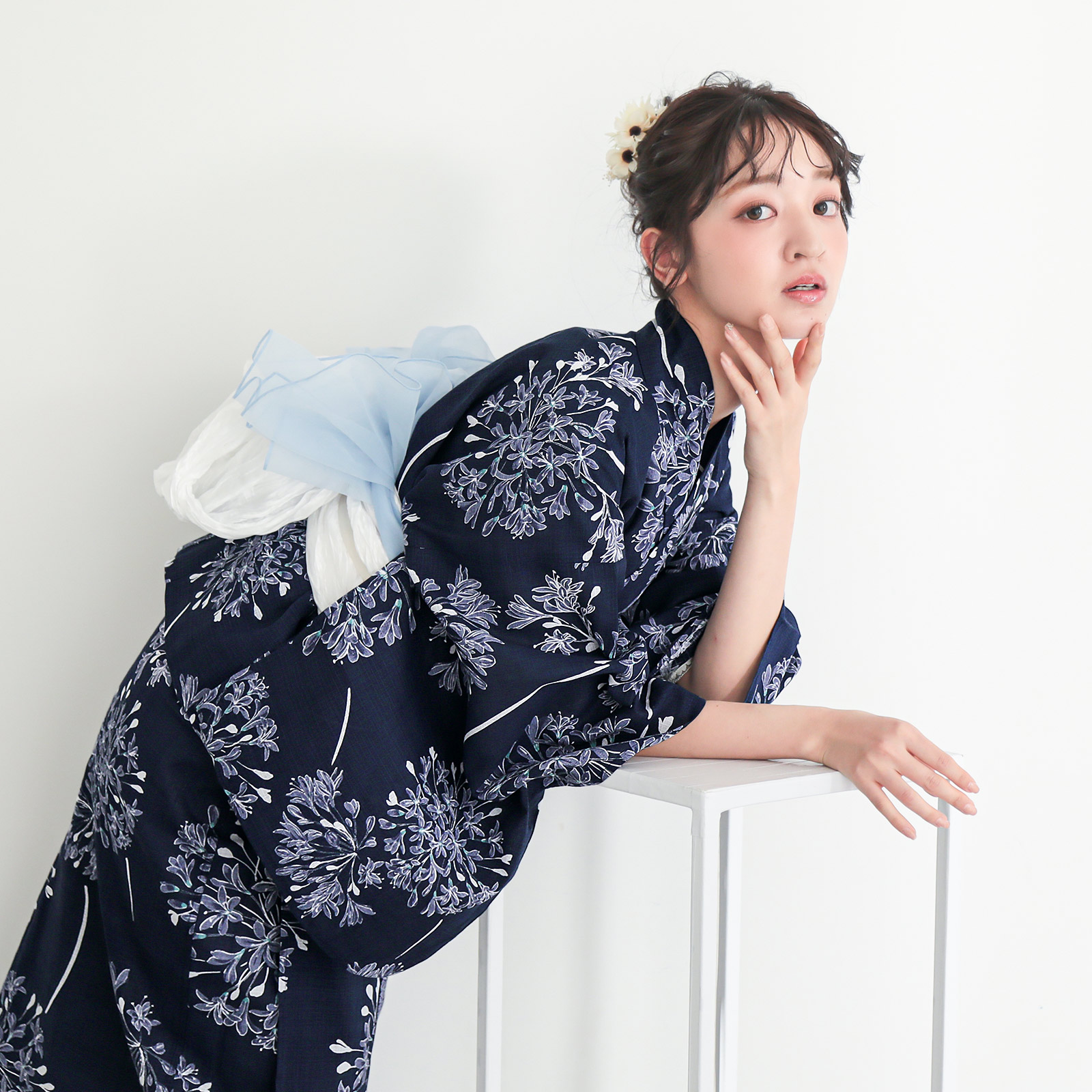 綿レディース二部式浴衣：02アガパンサス　ディープネイビー