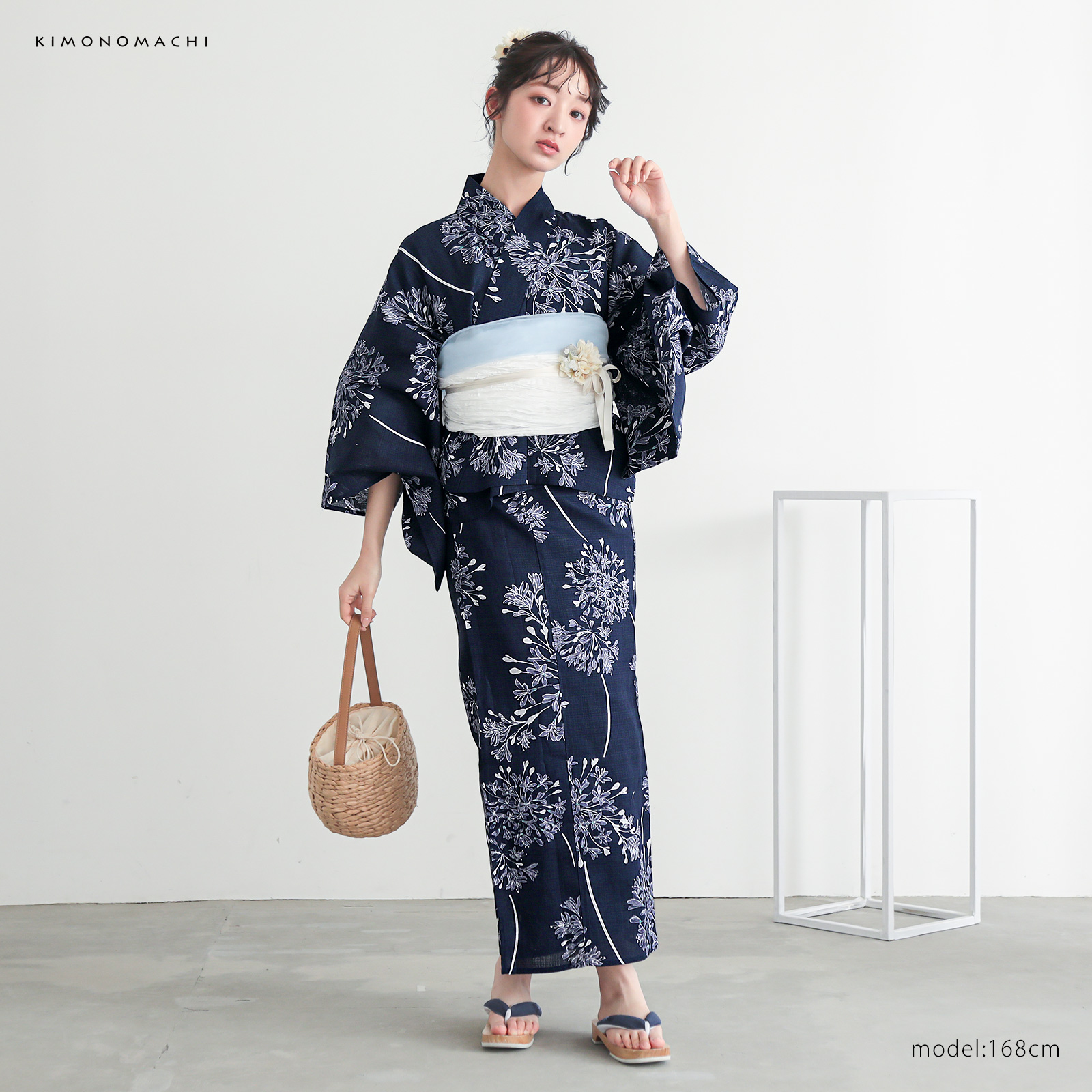 綿レディース二部式浴衣：02アガパンサス　ディープネイビー