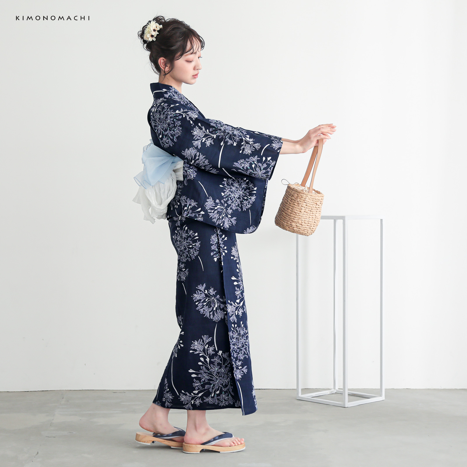 綿レディース二部式浴衣：02アガパンサス　ディープネイビー