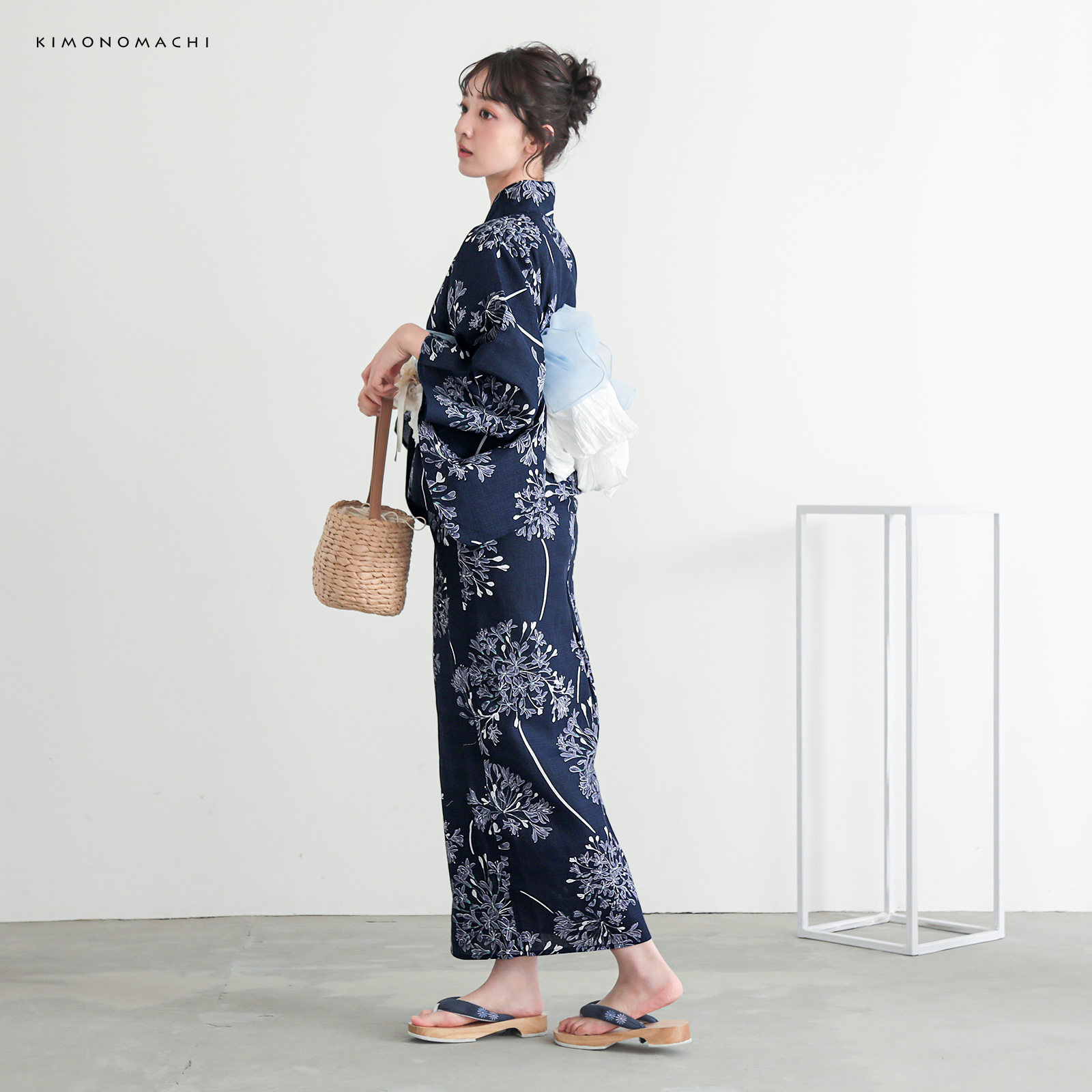 綿レディース二部式浴衣：02アガパンサス　ディープネイビー