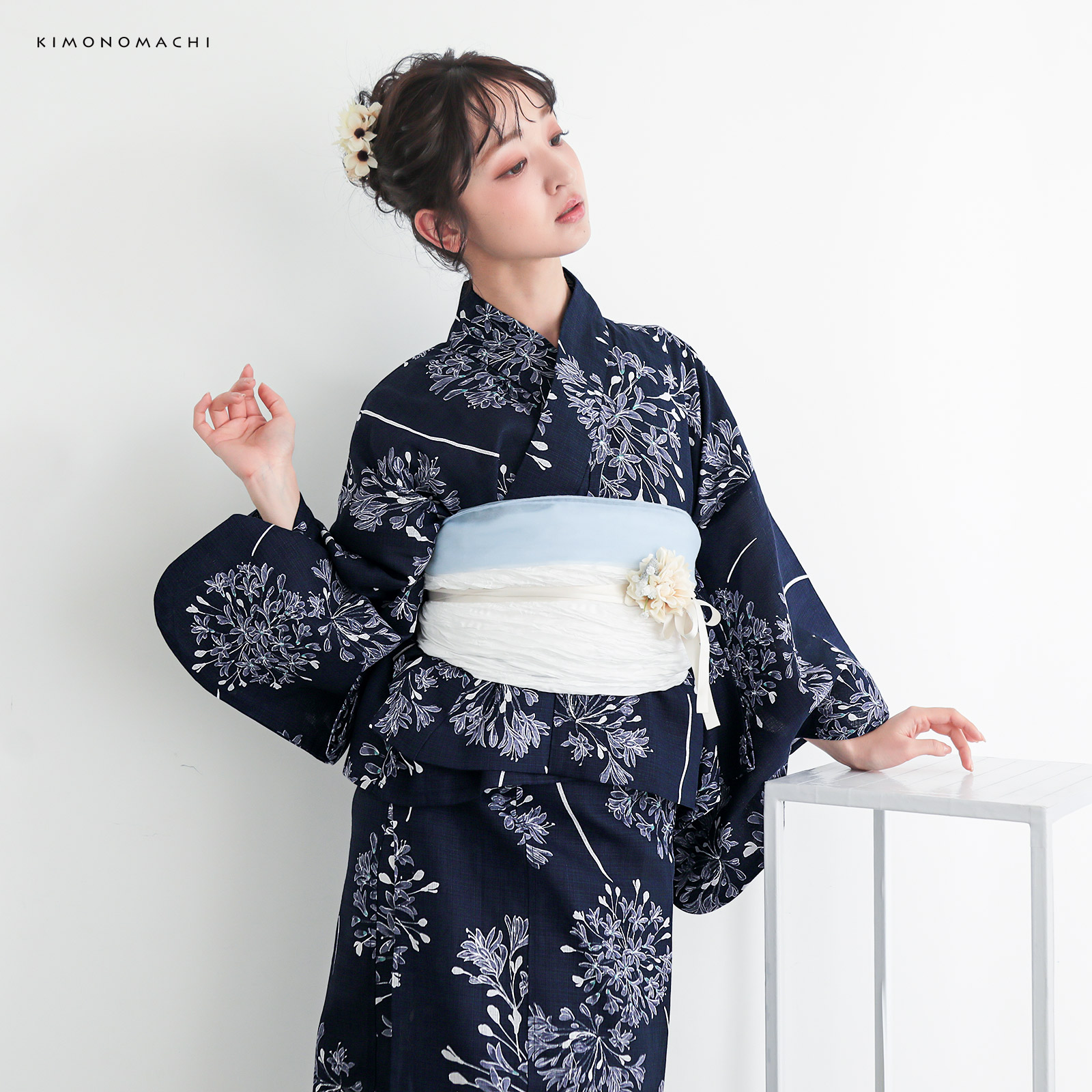 綿レディース二部式浴衣：02アガパンサス　ディープネイビー