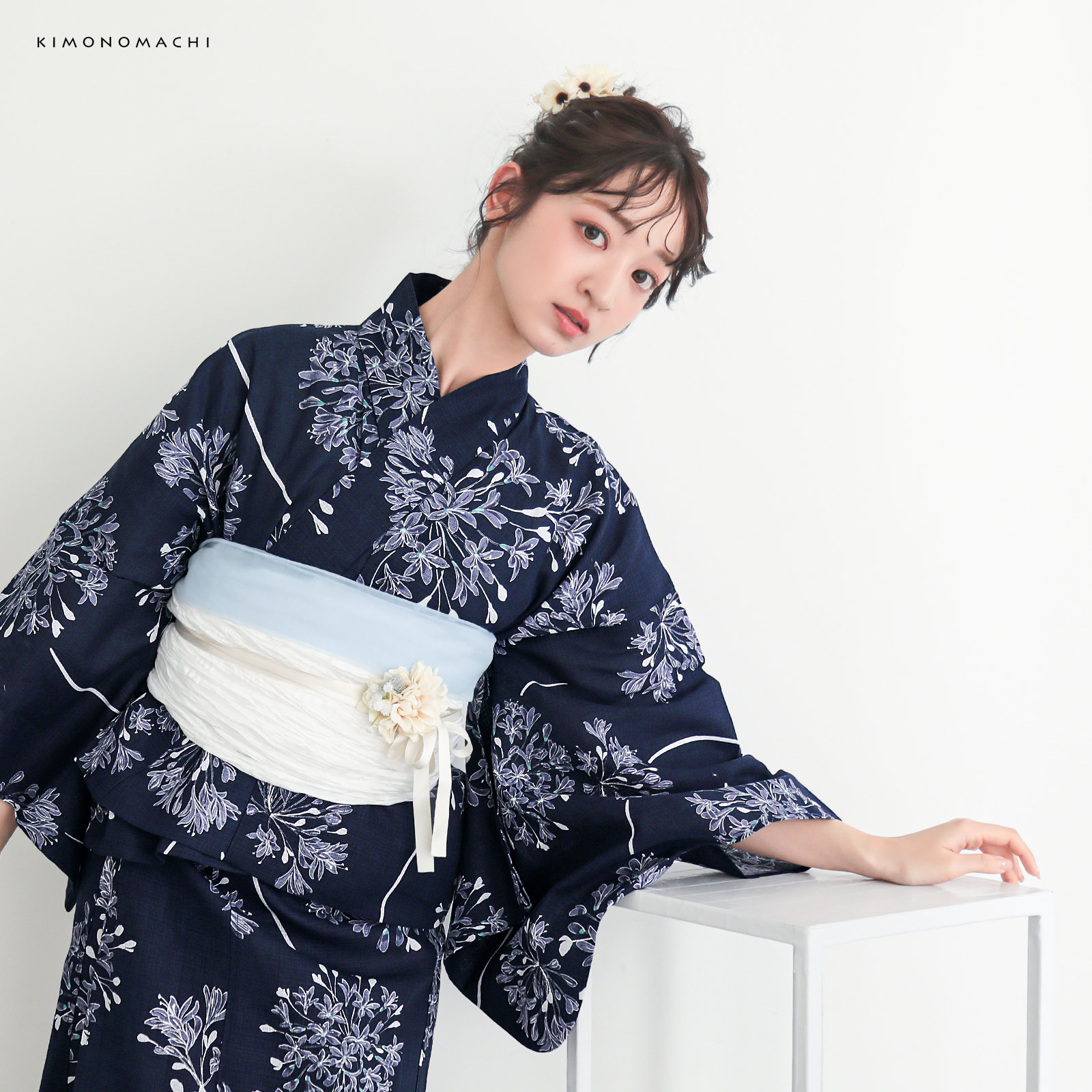 綿レディース二部式浴衣：02アガパンサス　ディープネイビー