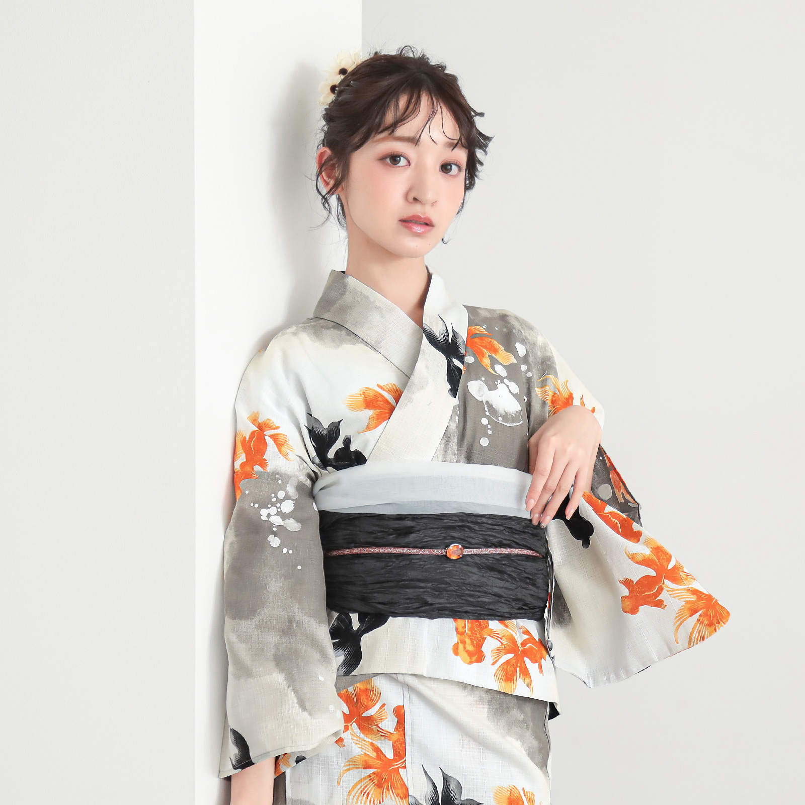 綿レディース二部式浴衣：03ゆらぎ金魚　レッド×ブラック