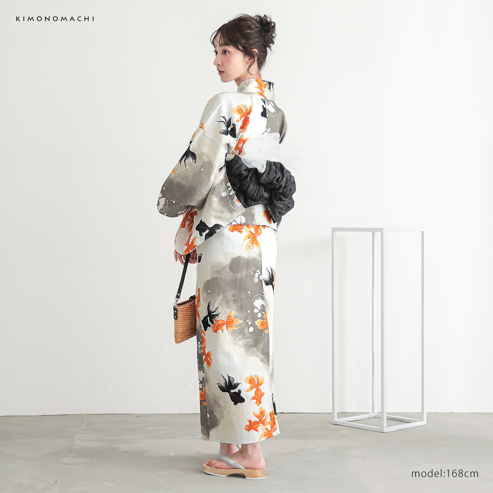 綿レディース二部式浴衣：03ゆらぎ金魚　レッド×ブラック