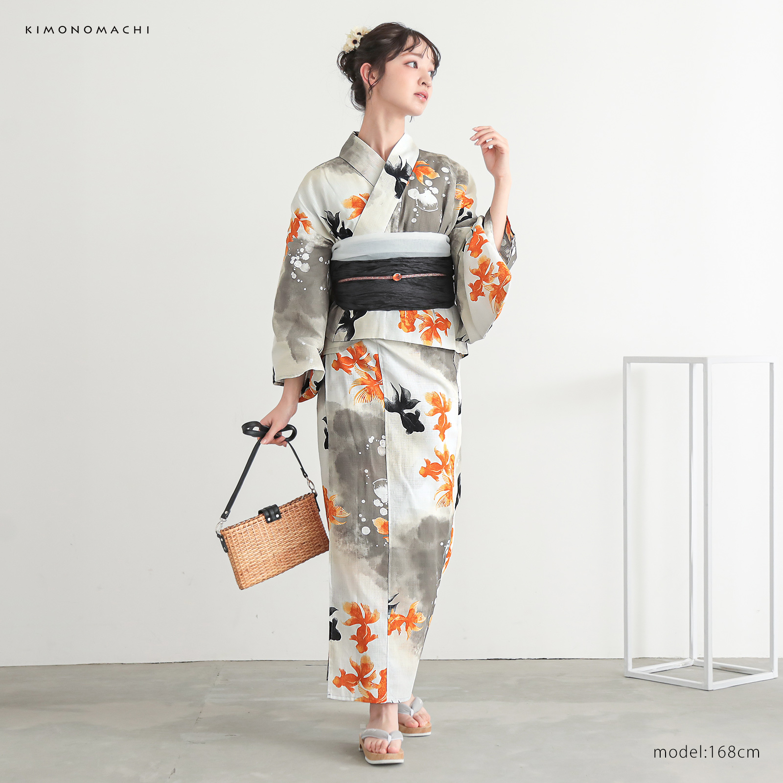 綿レディース二部式浴衣：03ゆらぎ金魚　レッド×ブラック