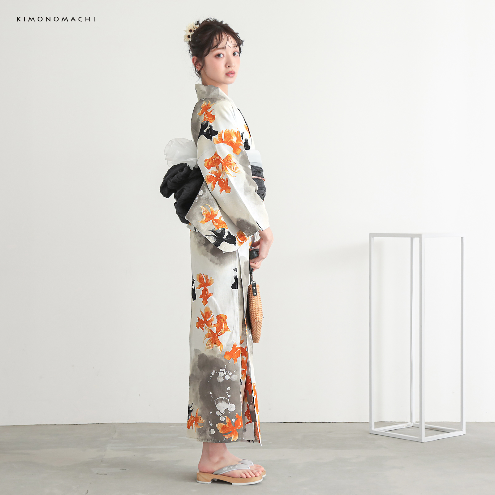 綿レディース二部式浴衣：03ゆらぎ金魚　レッド×ブラック