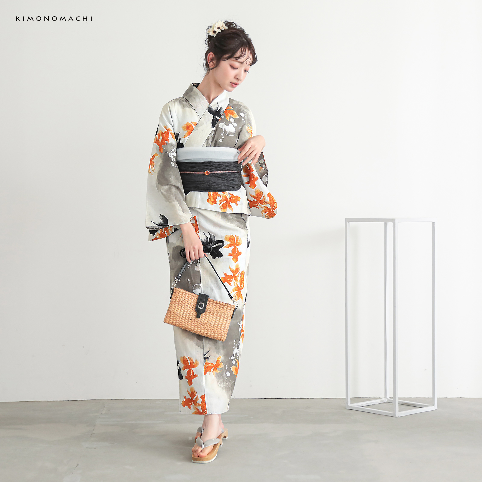 綿レディース二部式浴衣：03ゆらぎ金魚　レッド×ブラック