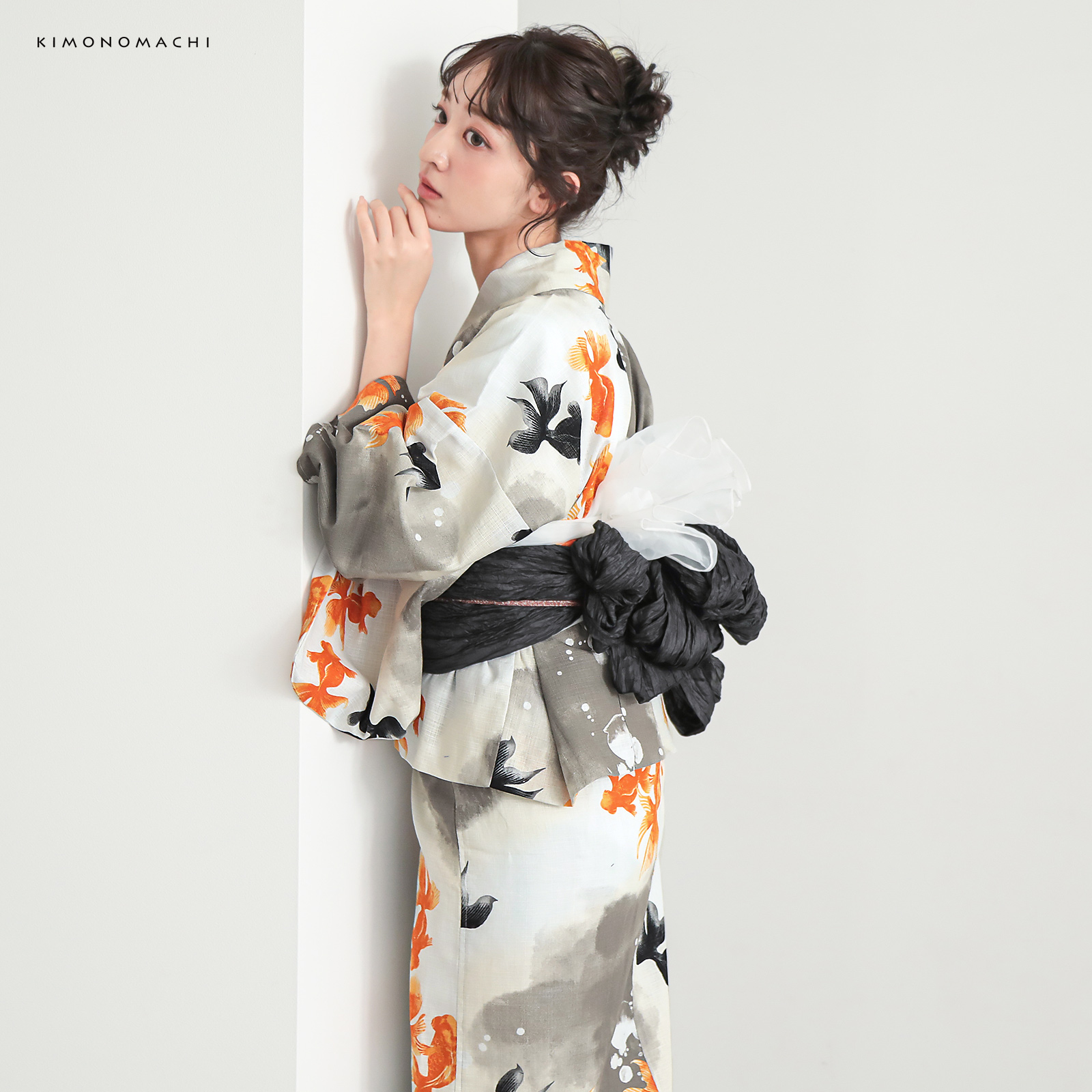 綿レディース二部式浴衣：03ゆらぎ金魚　レッド×ブラック