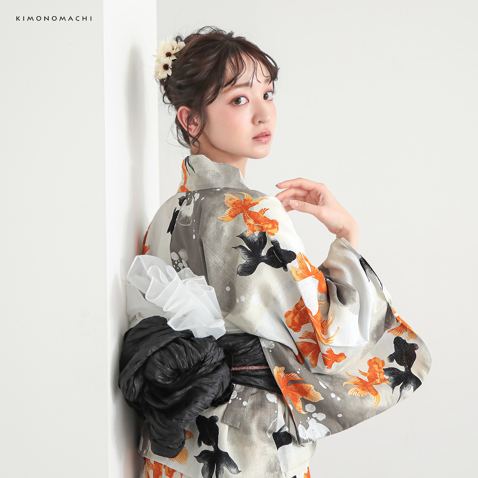 綿レディース二部式浴衣：03ゆらぎ金魚　レッド×ブラック