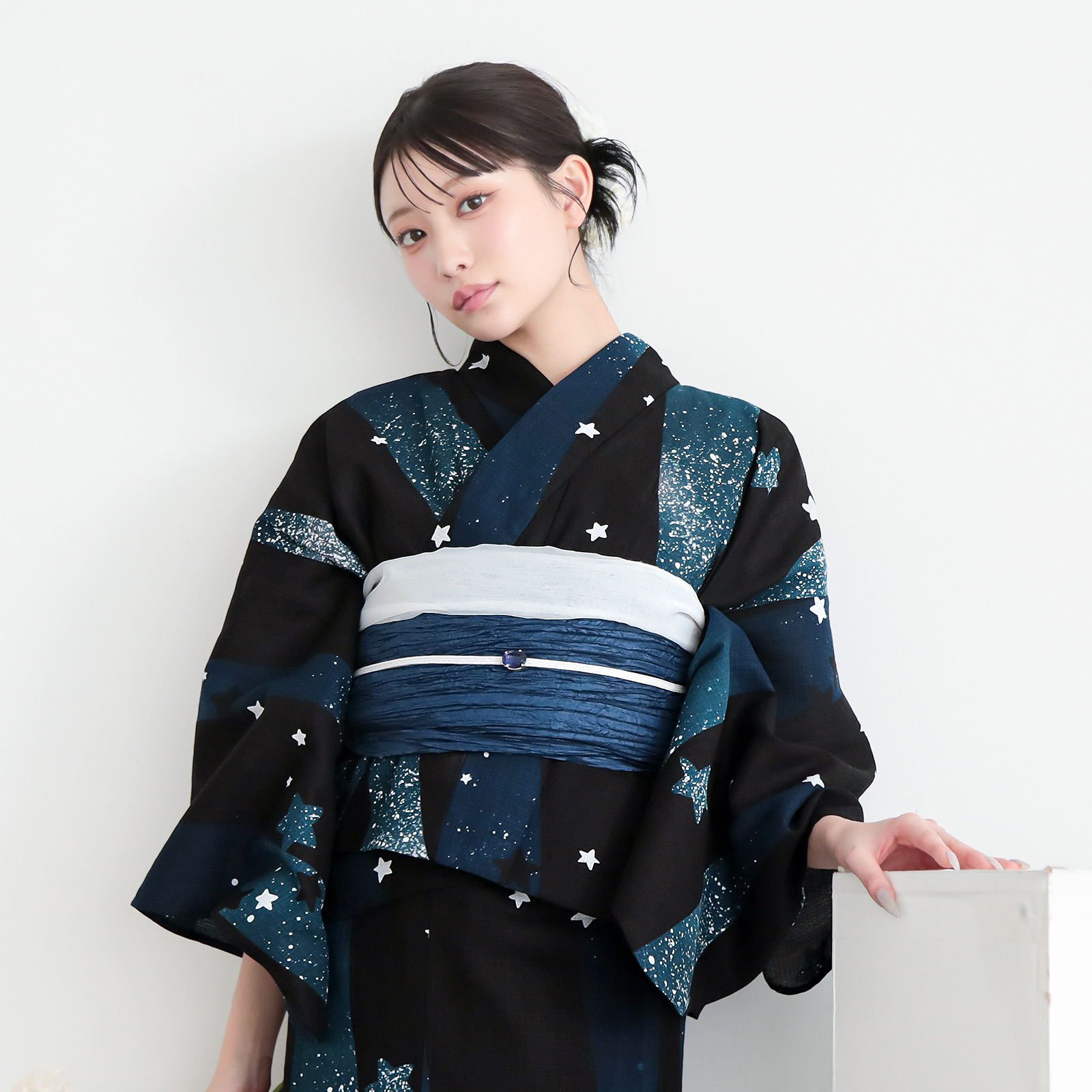 綿レディース二部式浴衣：04天の川　ミッドナイトグリーン