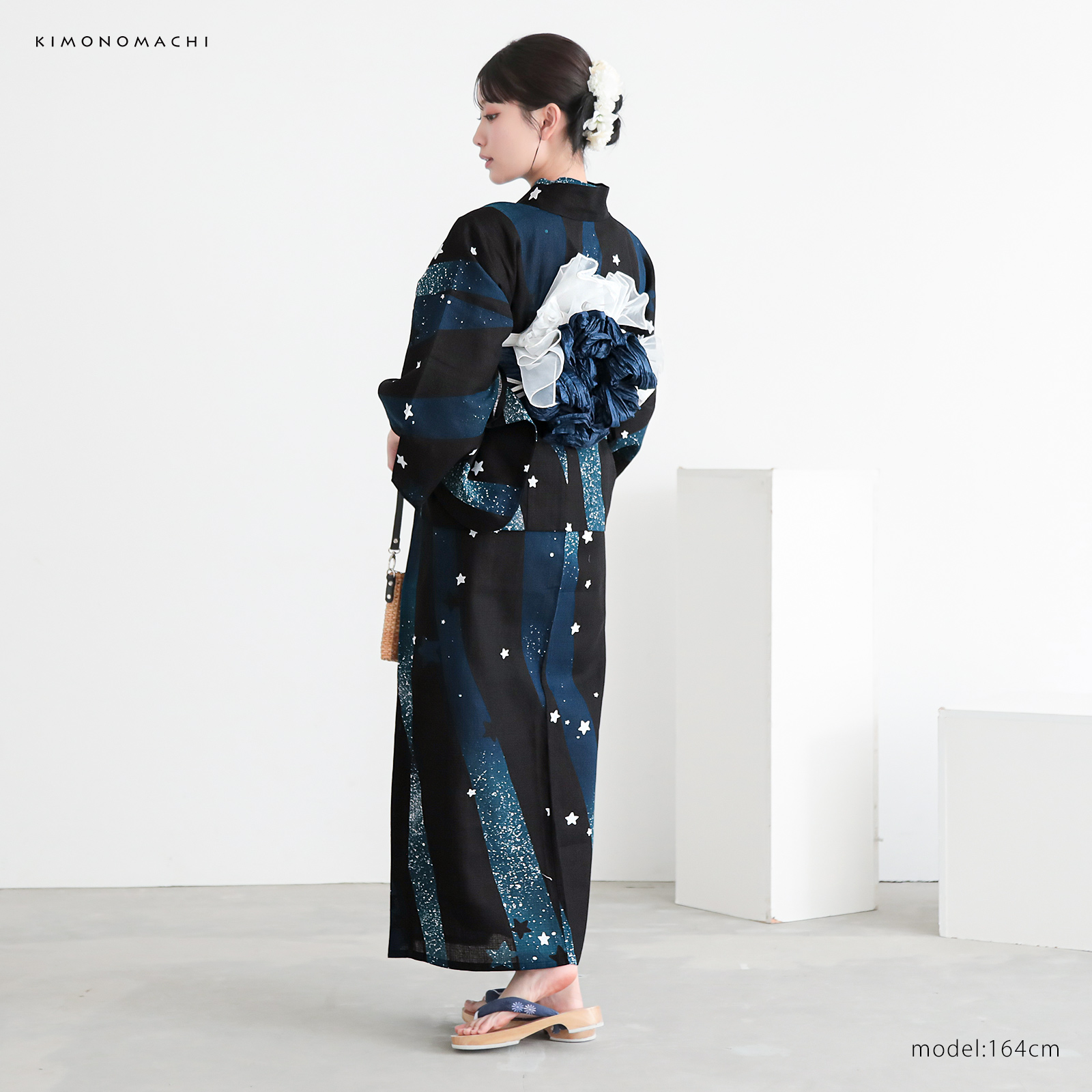 綿レディース二部式浴衣：04天の川　ミッドナイトグリーン