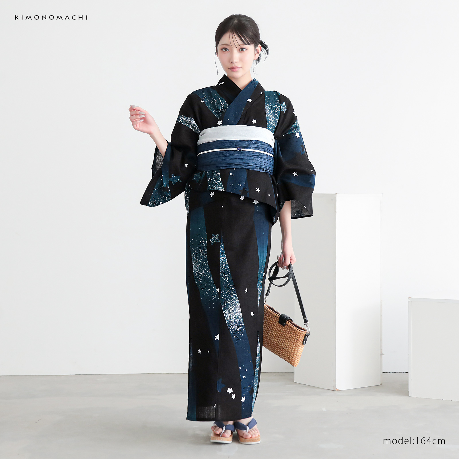 綿レディース二部式浴衣：04天の川　ミッドナイトグリーン