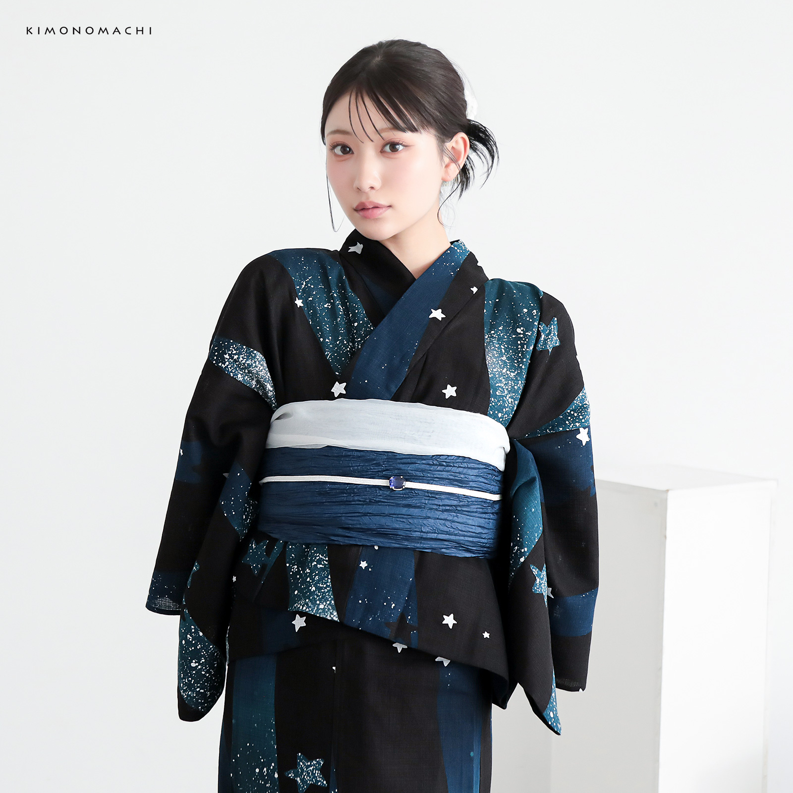 綿レディース二部式浴衣：04天の川　ミッドナイトグリーン