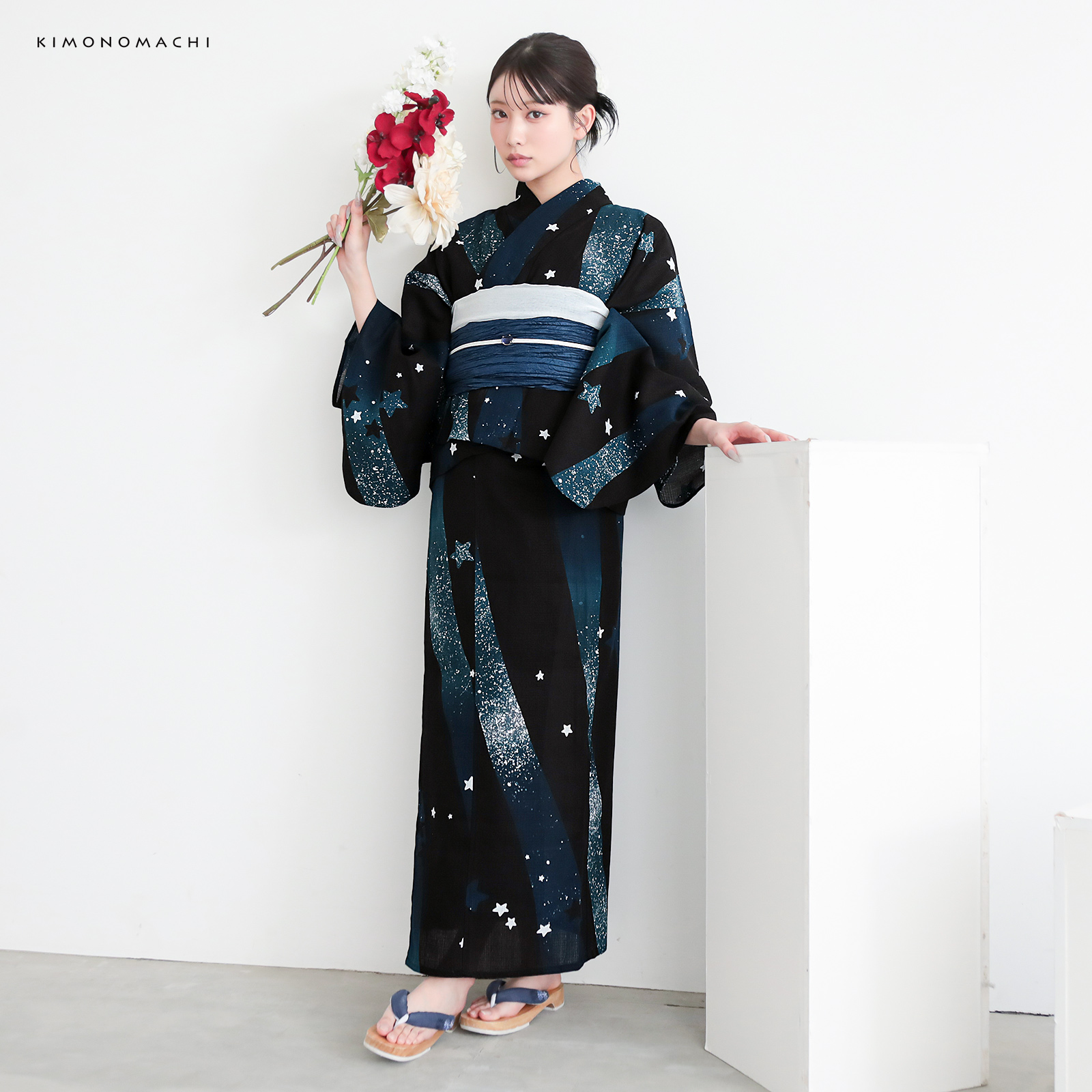 綿レディース二部式浴衣：04天の川　ミッドナイトグリーン