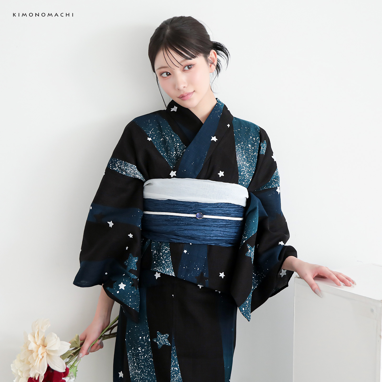 綿レディース二部式浴衣：04天の川　ミッドナイトグリーン