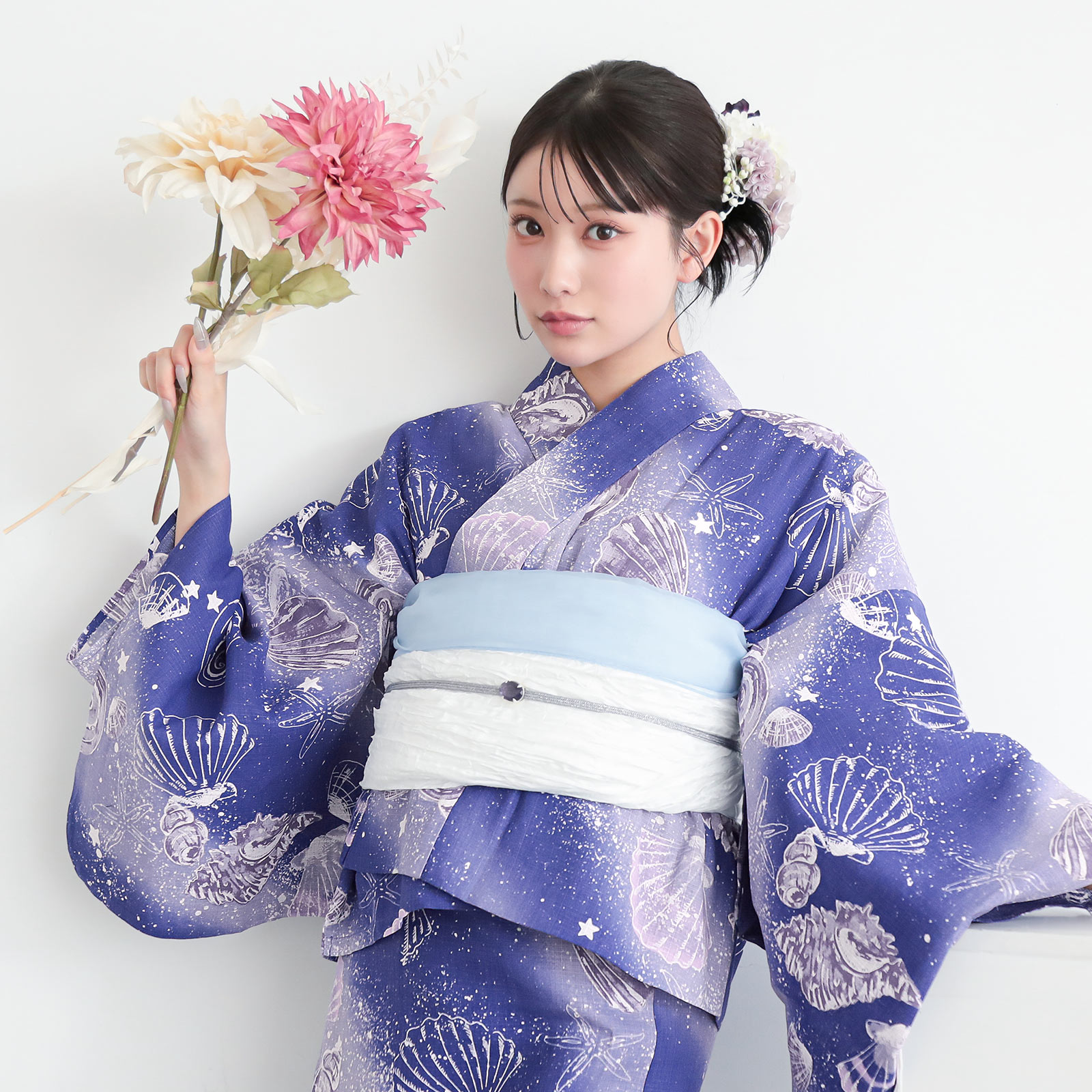 綿レディース二部式浴衣：05貝殻　マリンブルー