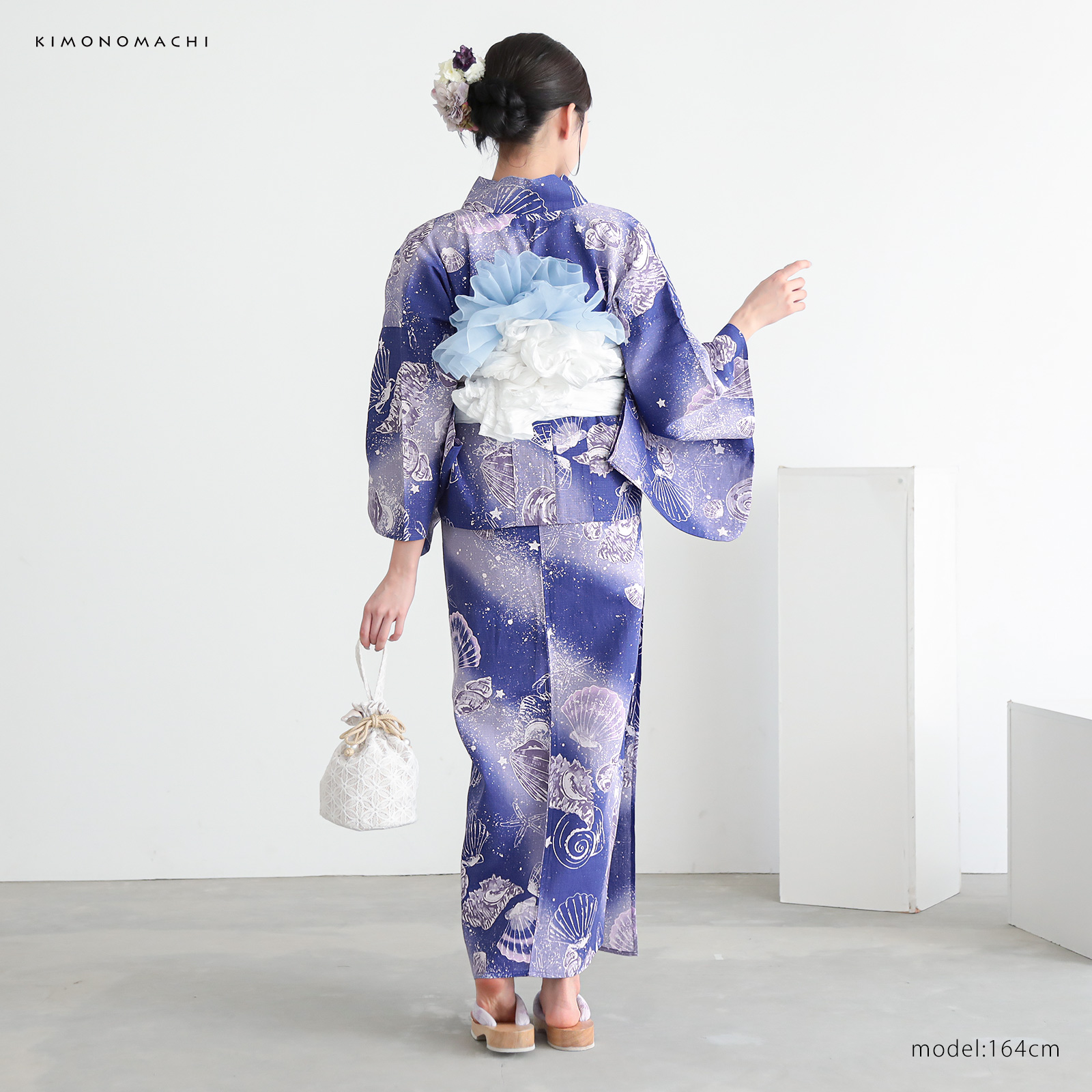 綿レディース二部式浴衣：05貝殻　マリンブルー